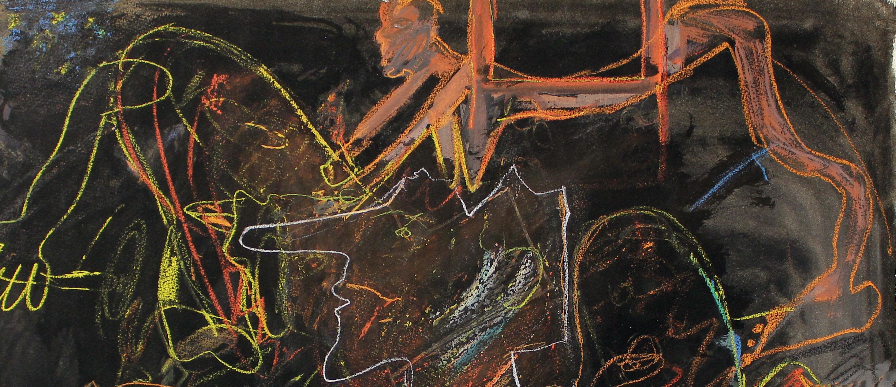 Figures on Black, 1960s, pastel on black acrylic ground on paper, signed lower middle.