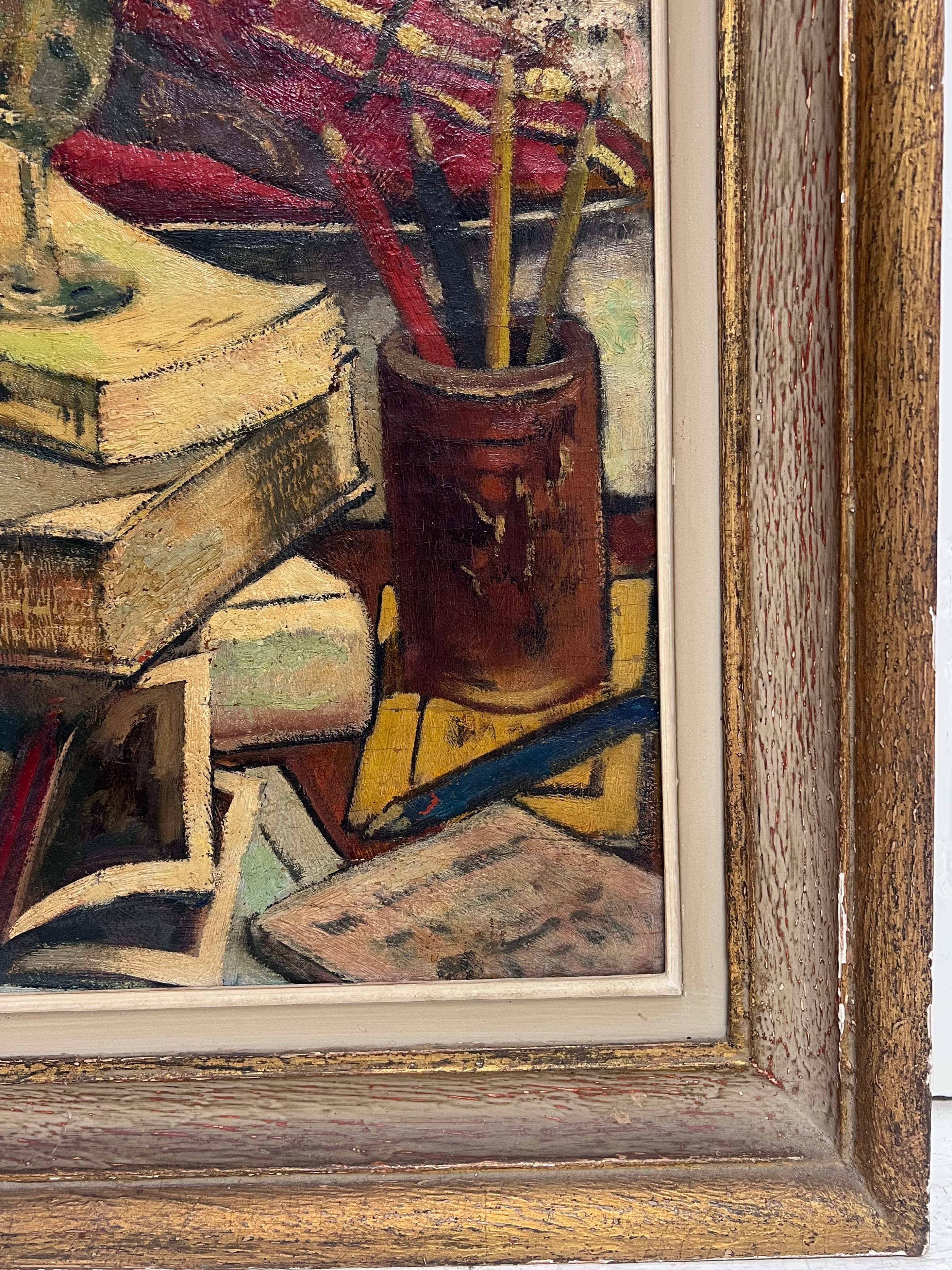 1930's English Impressionist Pintura al óleo firmada Naturaleza muerta Pintura espesa Impasto - Interior Painting Marrón de Harry Bloomfield
