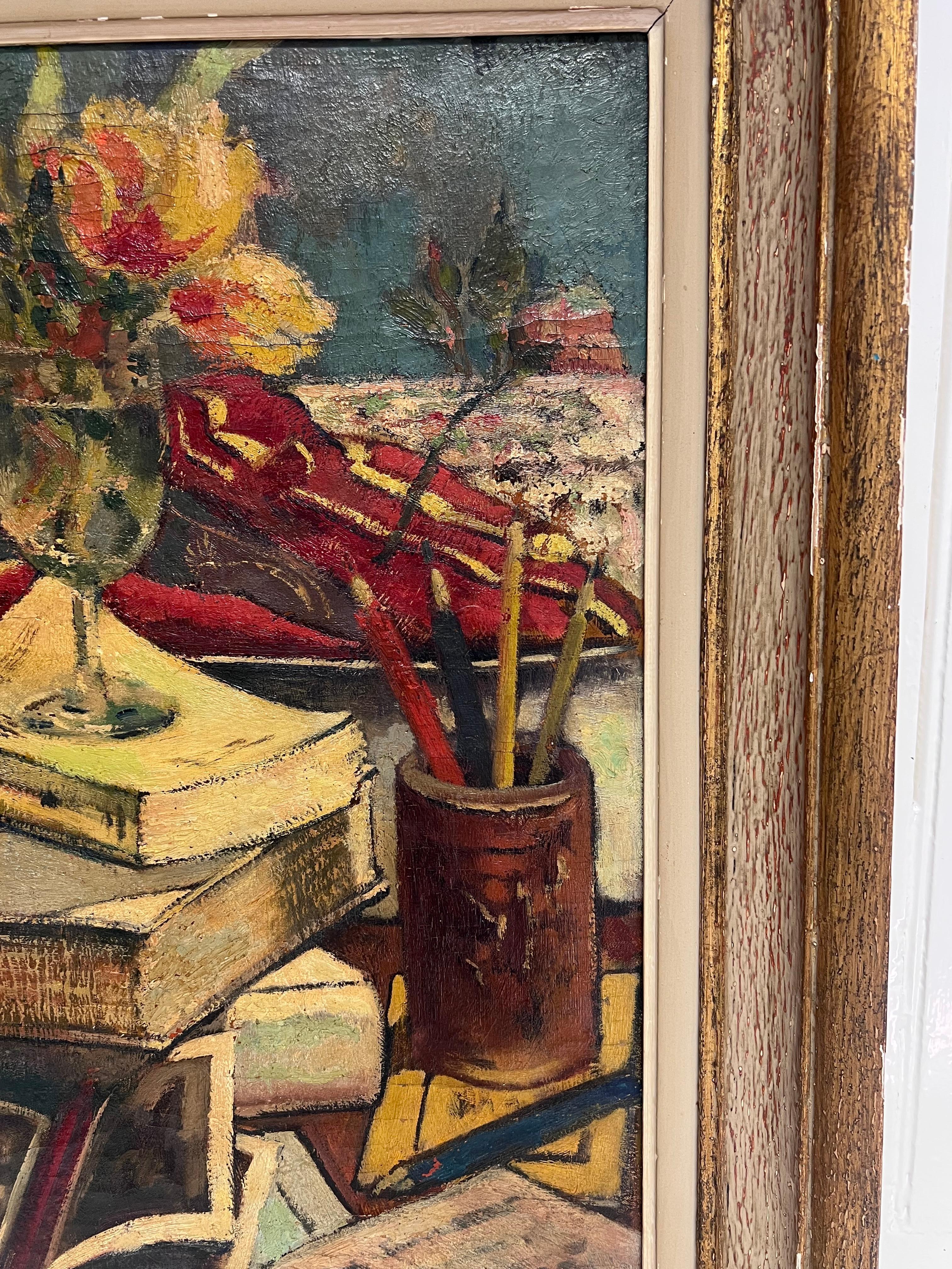 Bodegón interior
de Harry Bloomfield (británico, 1883-1940) *ver notas más abajo
firmado verso óleo sobre lienzo, enmarcado 
enmarcado: 28 x 24 pulgadas
lienzo: 22 x 18 pulgadas
Procedencia: colección privada
Estado: muy buen estado, con craquelado