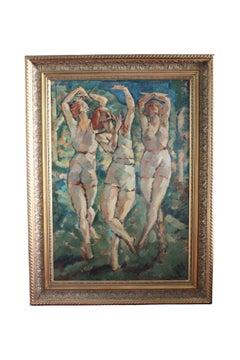 Antique large post-impressionist oil painting 'Three Women Dancing'