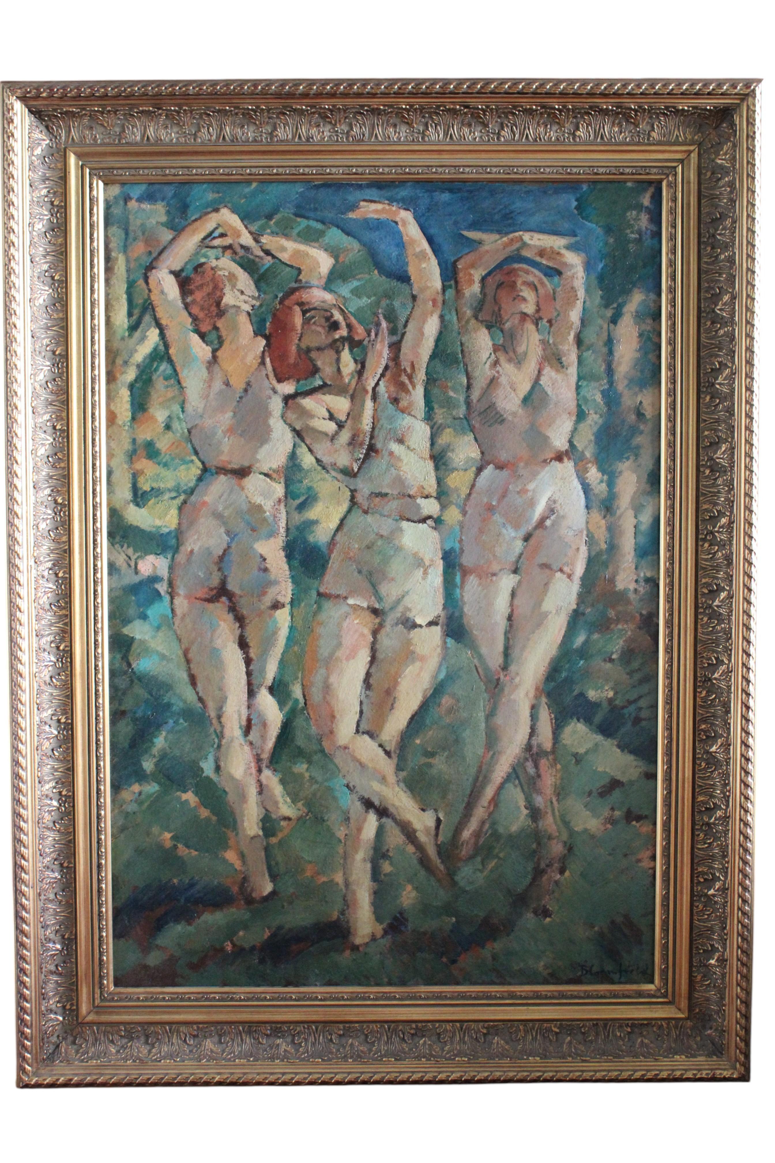 Antique large post-impressionist oil painting 'Three Women Dancing'