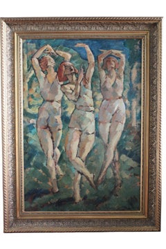 Antique large post-impressionist oil painting 'Three Women Dancing'