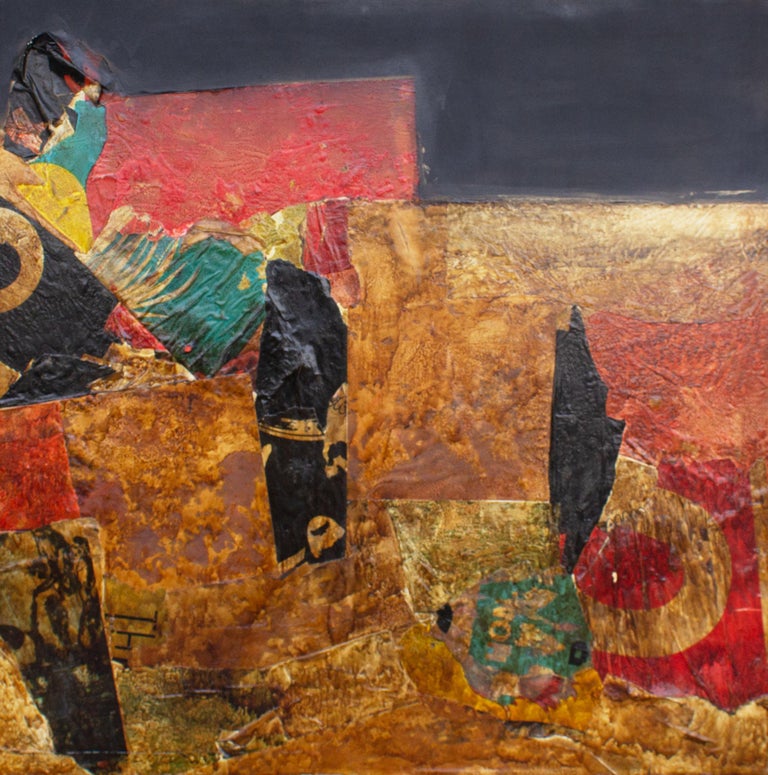 A 1968 abstract mixed media collage on canvas titled Lavafall by American artist Harry Bouras (1931-1990). Signed, dated, and titled verso, the canvas has been painted with a black background. Paper has been adhered to the surface of the canvas,