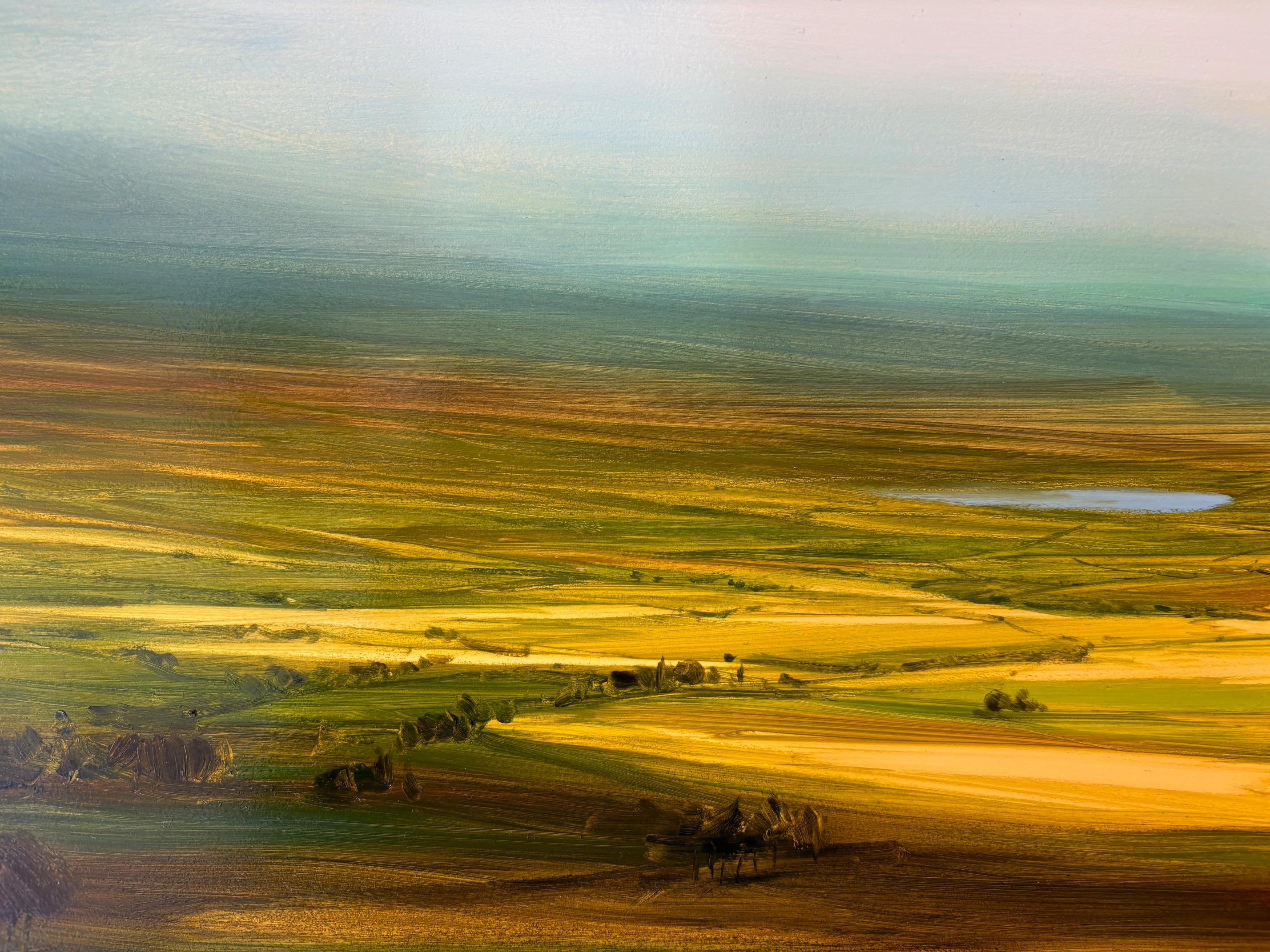 “Last of the Showers” by Harry Brioche is a mesmerizing original realist landscape painting that captures a moment of calm after the storm. With expert use of oil on board, Brioche conveys the sweeping expanse of the countryside just as the final