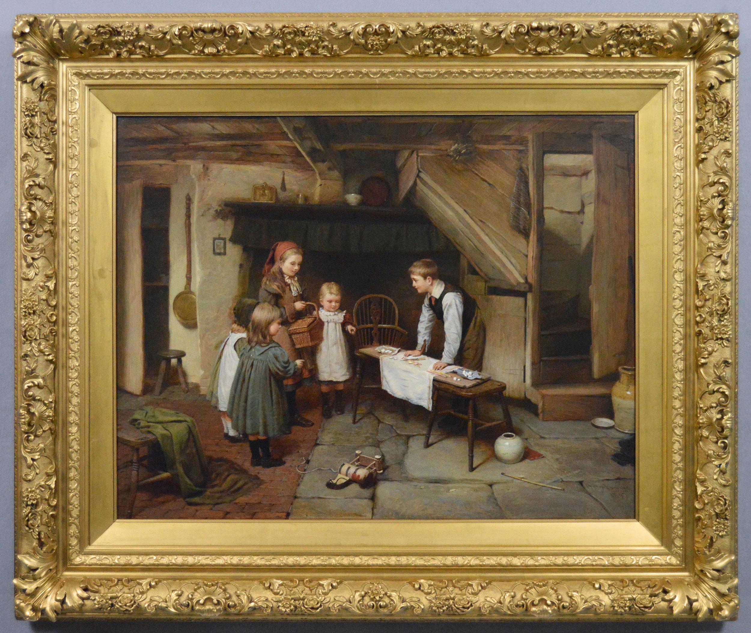 19th Century genre oil painting of children playing in a cottage