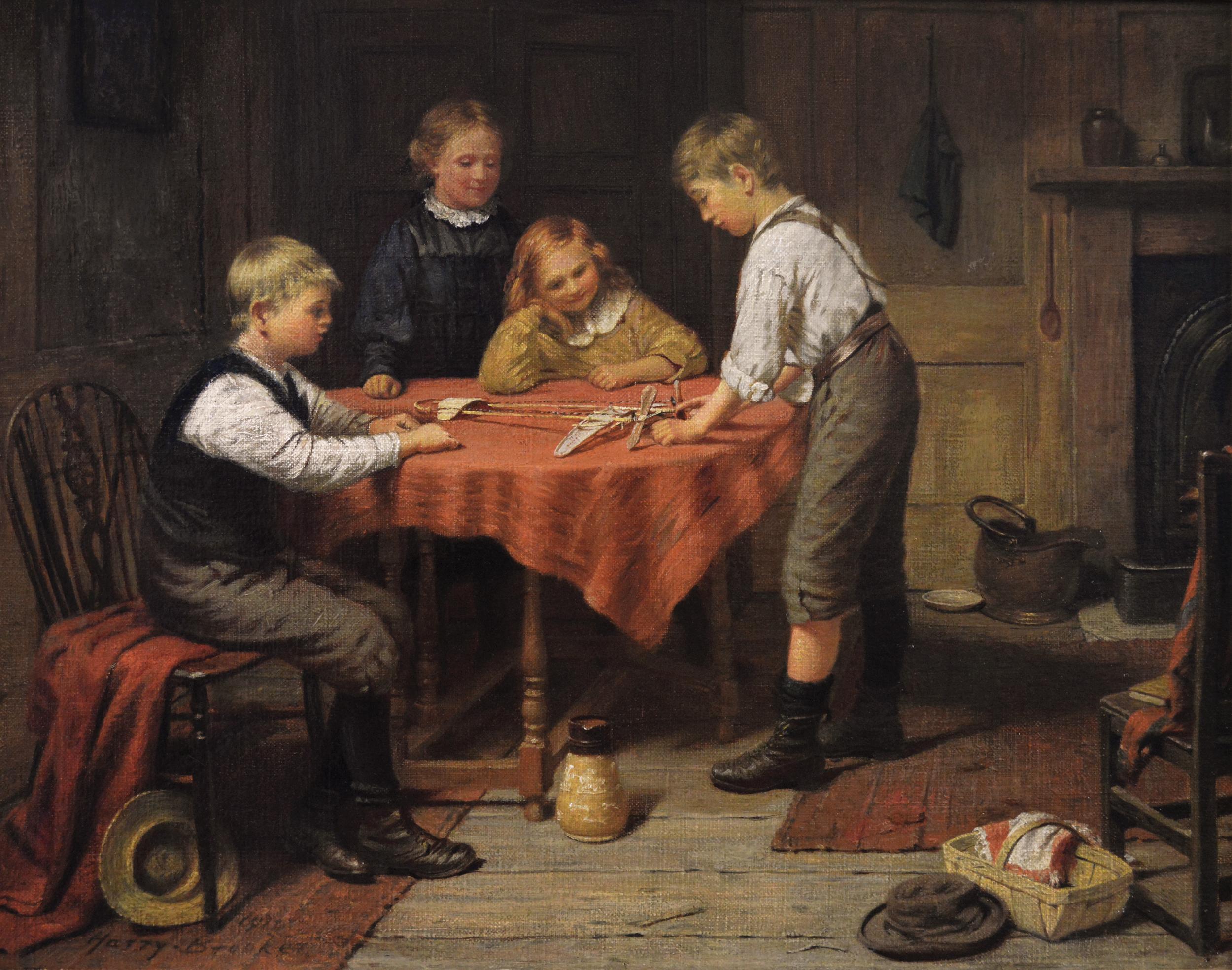 Genre oil painting of children with a model aeroplane - Painting by Harry Brooker