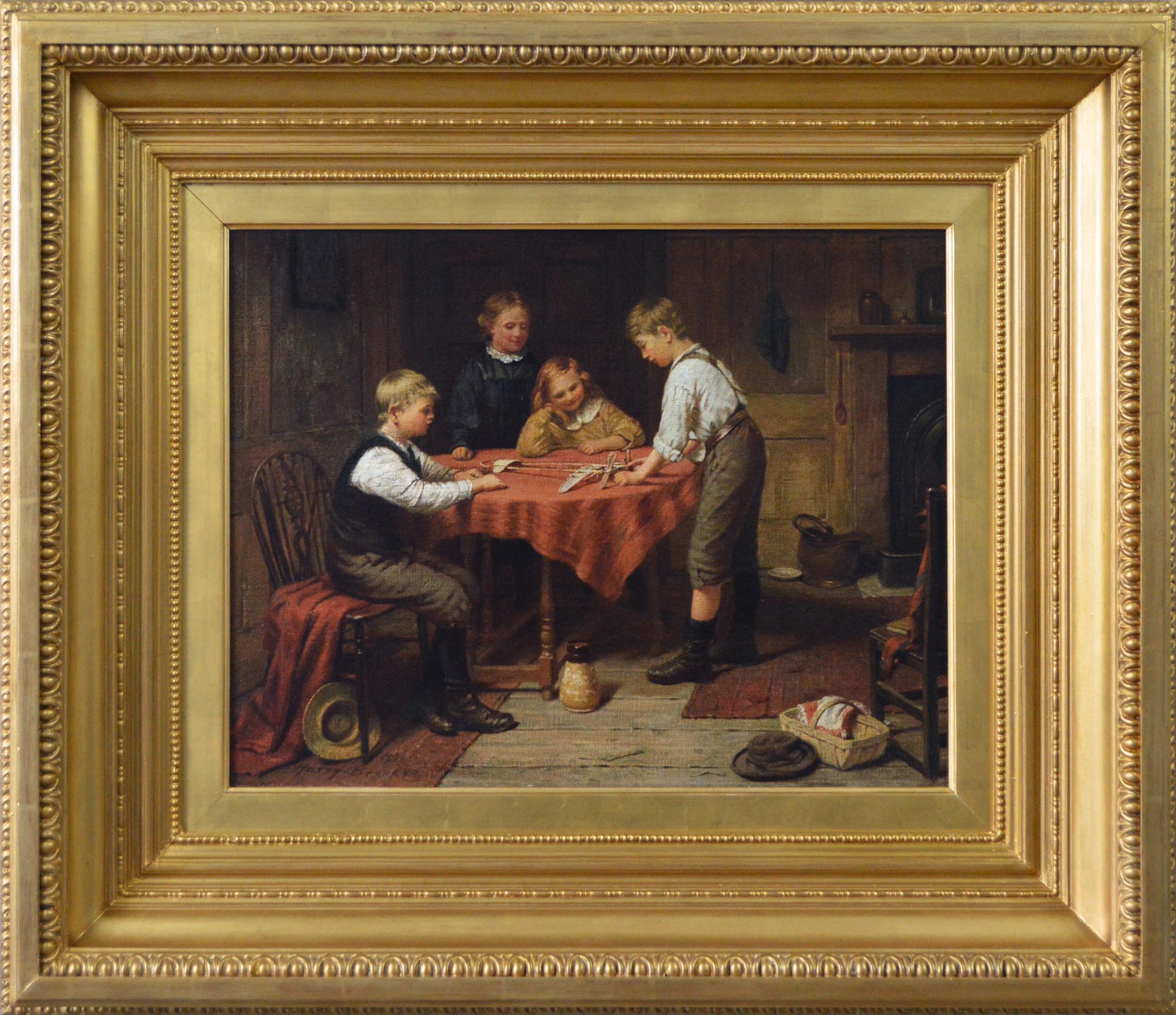 Harry Brooker Interior Painting - Genre oil painting of children with a model aeroplane