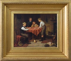 Genre oil painting of children with a model aeroplane