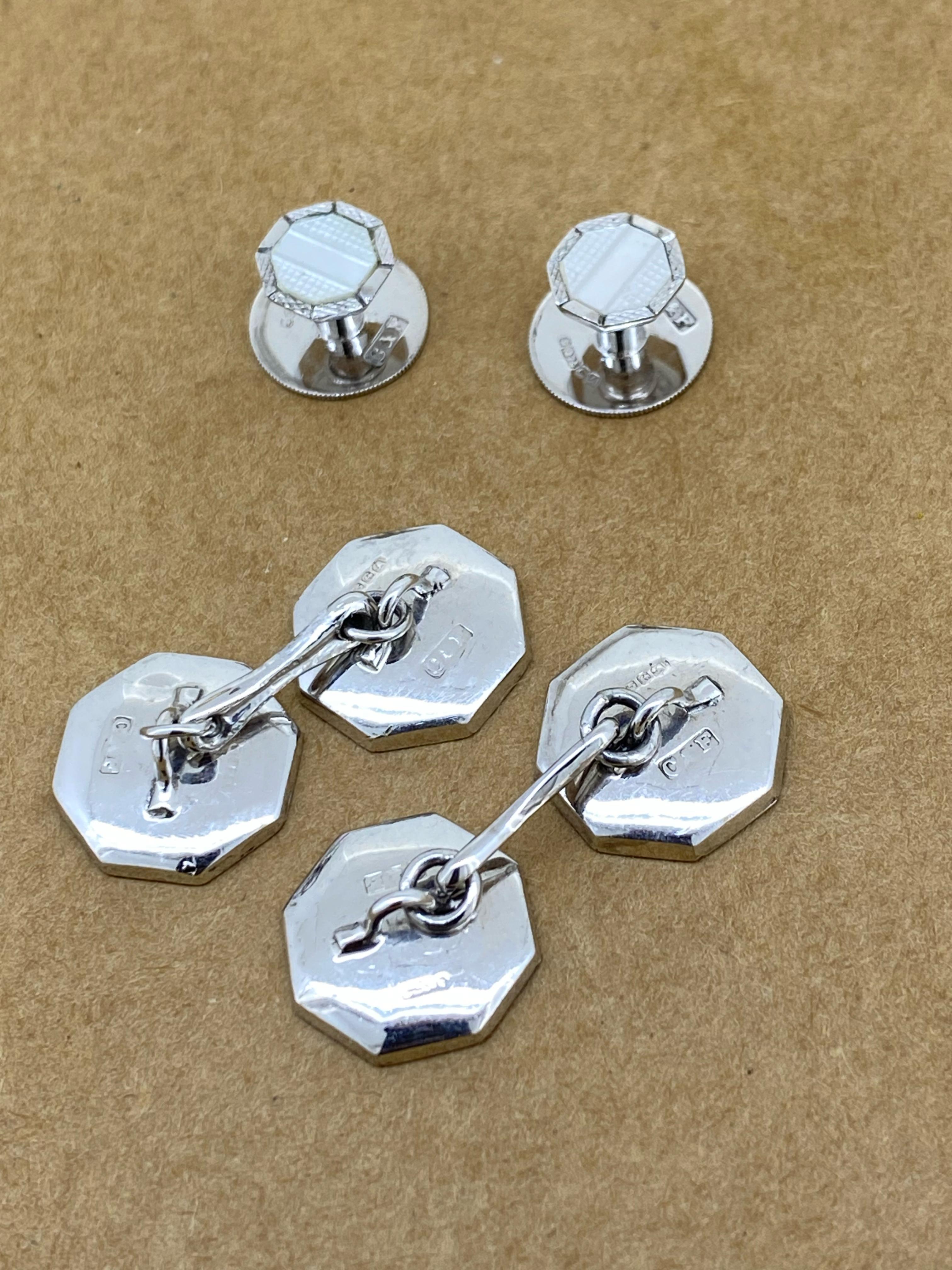 Gemelos y pasadores de camisa Hardy Brothers de oro blanco de 9 quilates y nácar, C & F. Retro en venta
