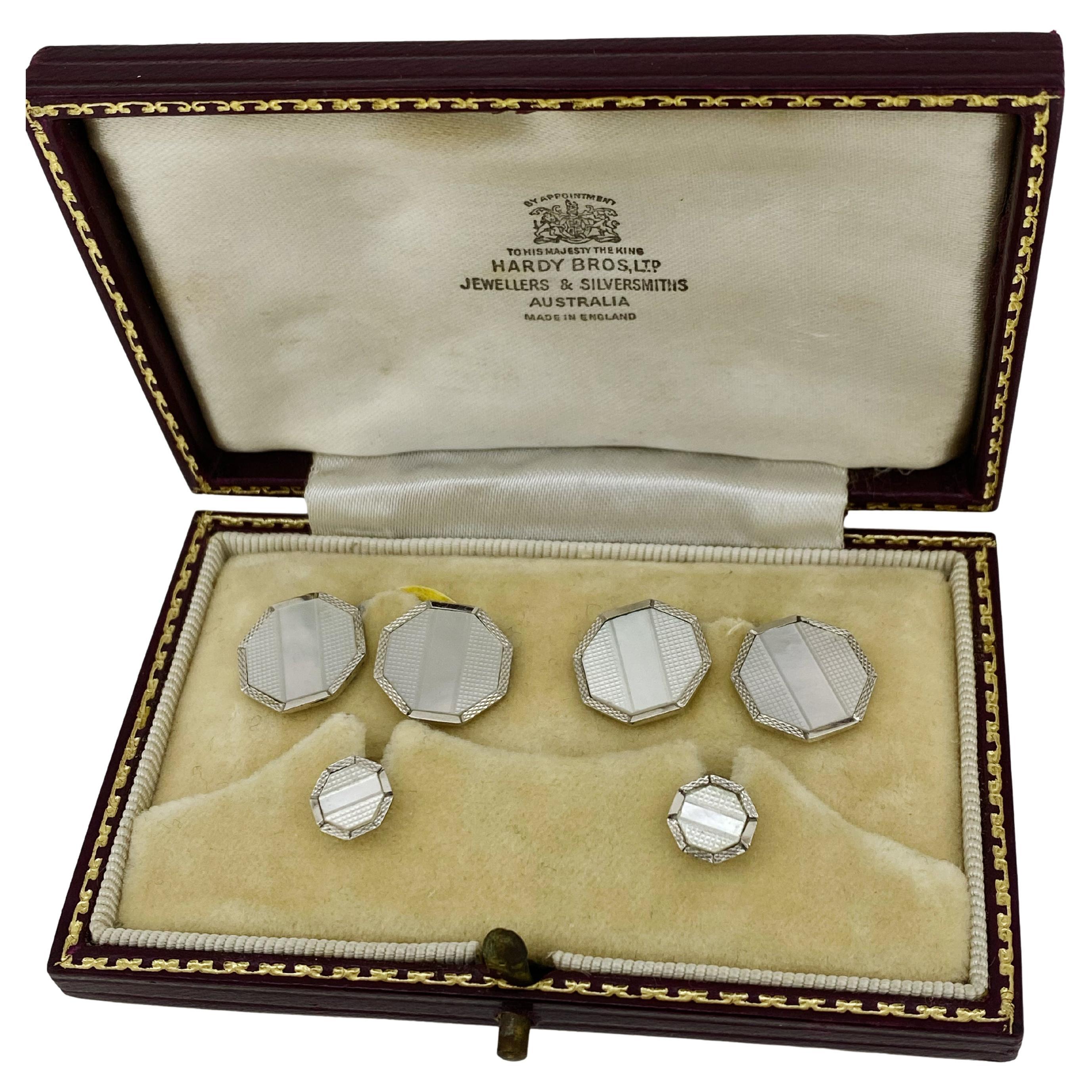 Hardy Brothers 9K White Gold & Mother of Pearl Cufflinks & Shirt Studs, C & F.