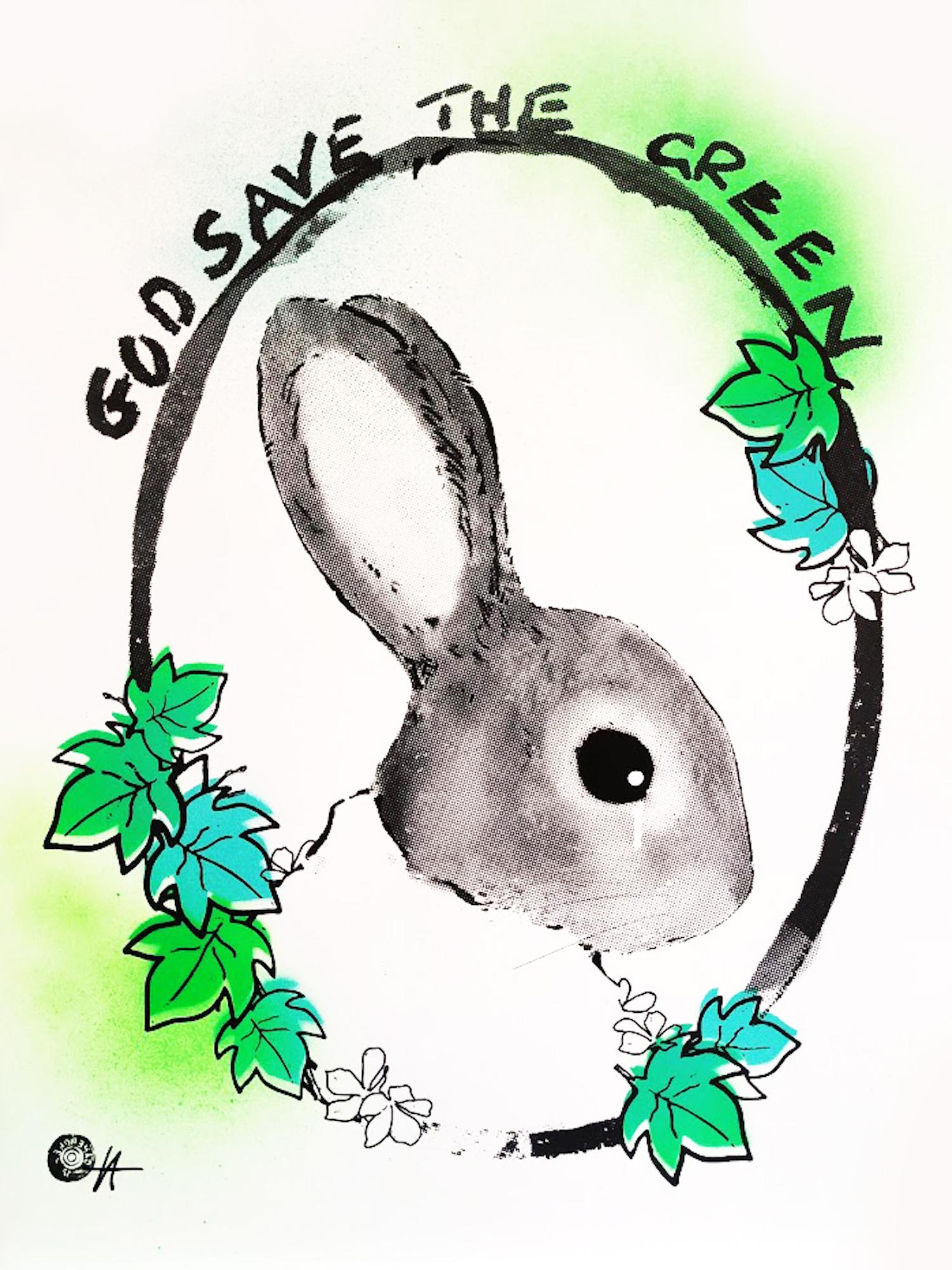 God Save The Green is a limited edition silkscreen print Harry Bunce. Bunce has poignantly decided to add a tear to the face of the rabbit evoking deeper thoughts as to the topic of rural conservation.
Harry Bunce is available online and in our