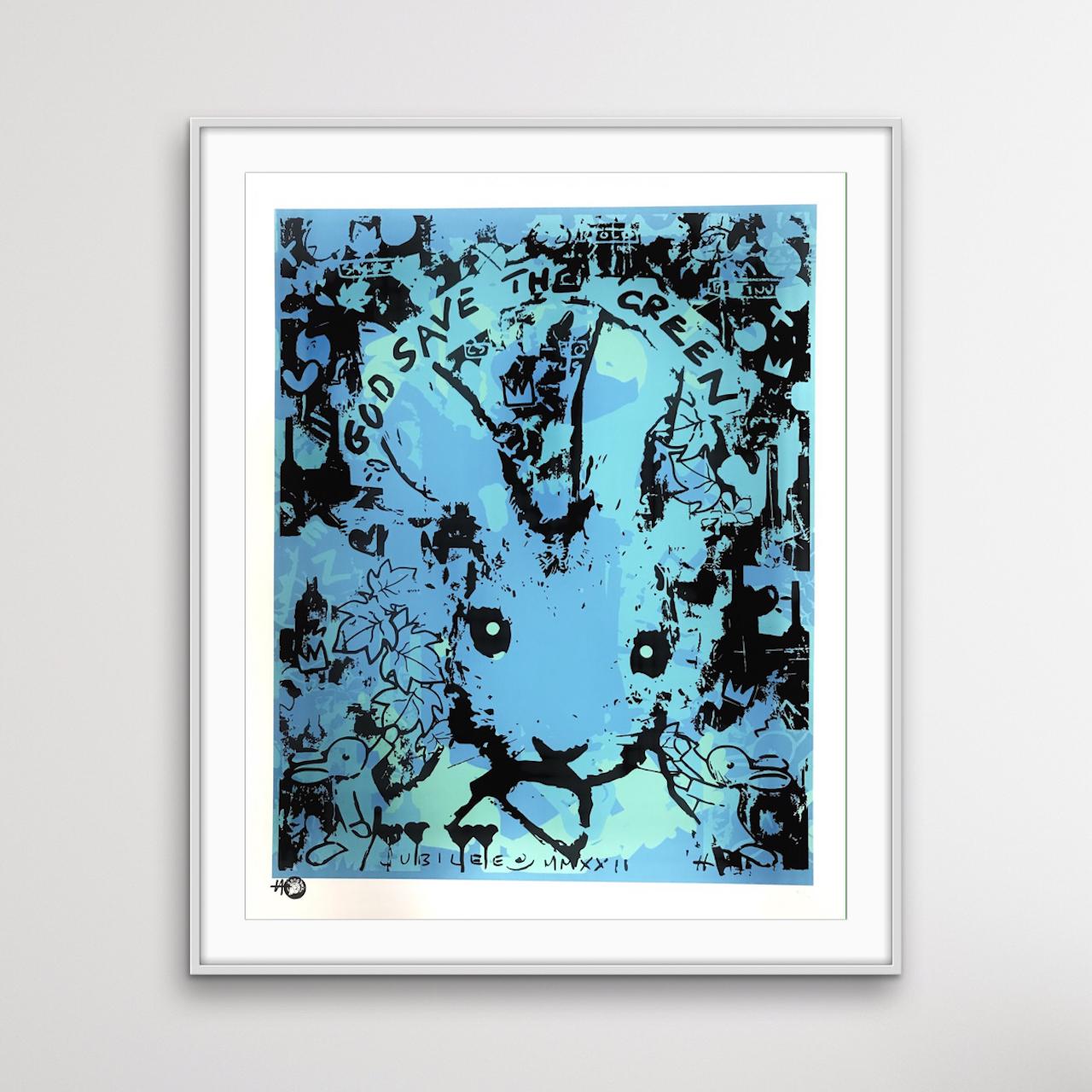 Dios Salve al Verde I, Edición Limitada de Conejo, Obra de Arte Animal Azul - Print Arte pop de Harry Bunce