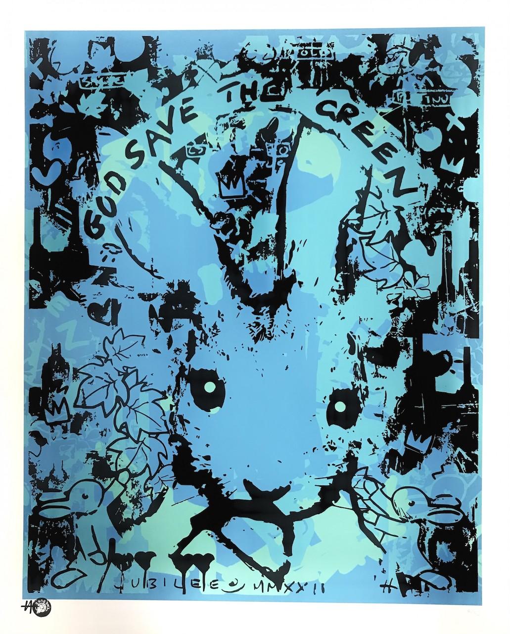 Print Harry Bunce - God Save the Green I, estampe de lapin en édition limitée, œuvre d'art - Animaux bleus