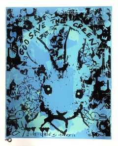 God Save the Greene & Greene, stampa di coniglio in edizione limitata, opera d'arte su animali blu