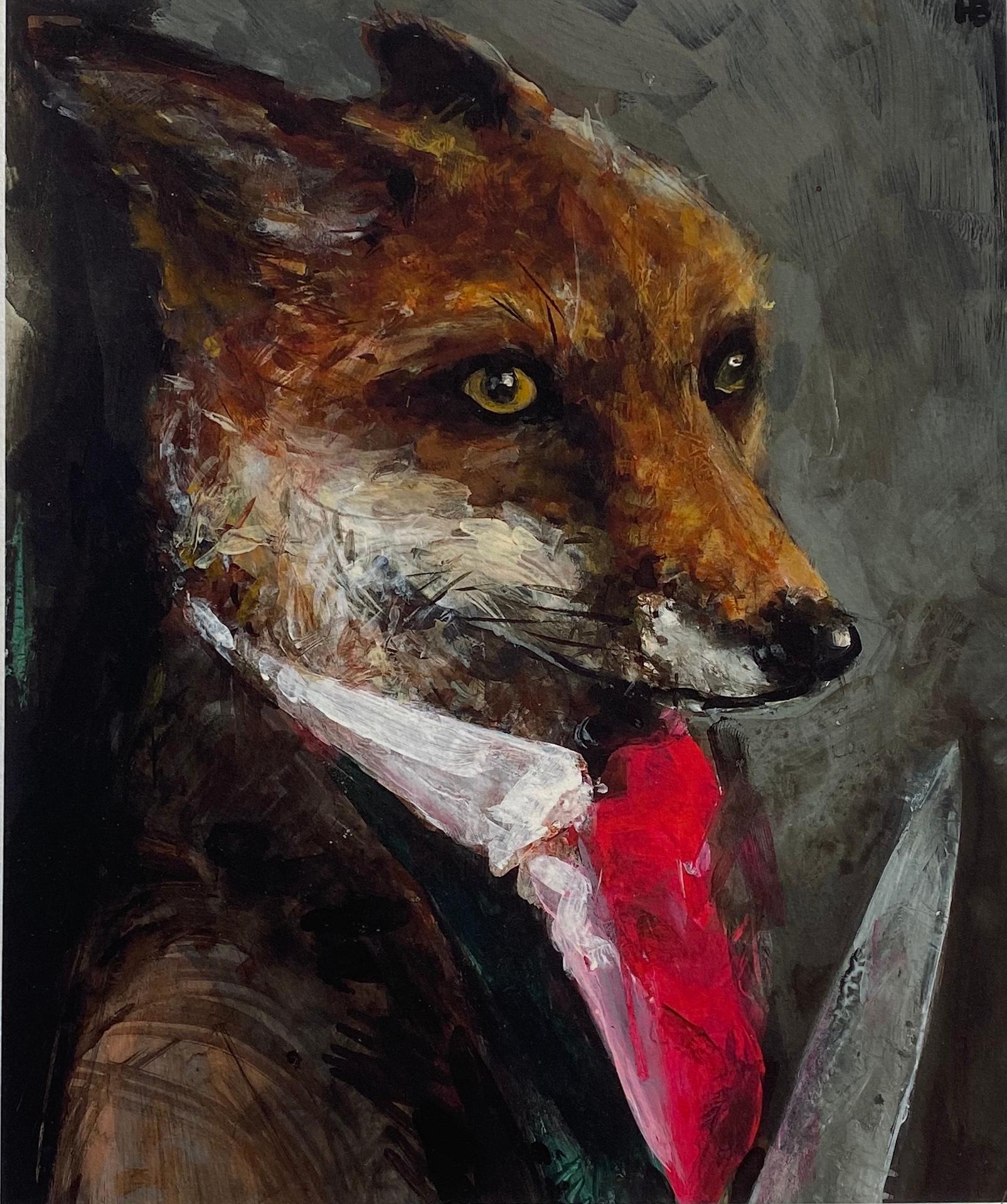 'Matty Groves' by Harry Bunce is a limited edition print. This print features a fox dressed in a suit and shirt with a bright pink tie, he is holding a knife and is looking off into the distance.
Harry Bunce was born and raised in a small Hampshire