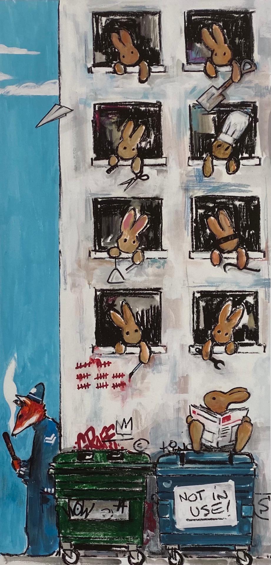 Not in Use By Harry Bunce [2020]

Not in Use is a limited edition print by Harry Bunce. It depicts a humorous scene of rabbits hanging out of building windows each one behaving mischievously. Please note that the complete size of unframed work is