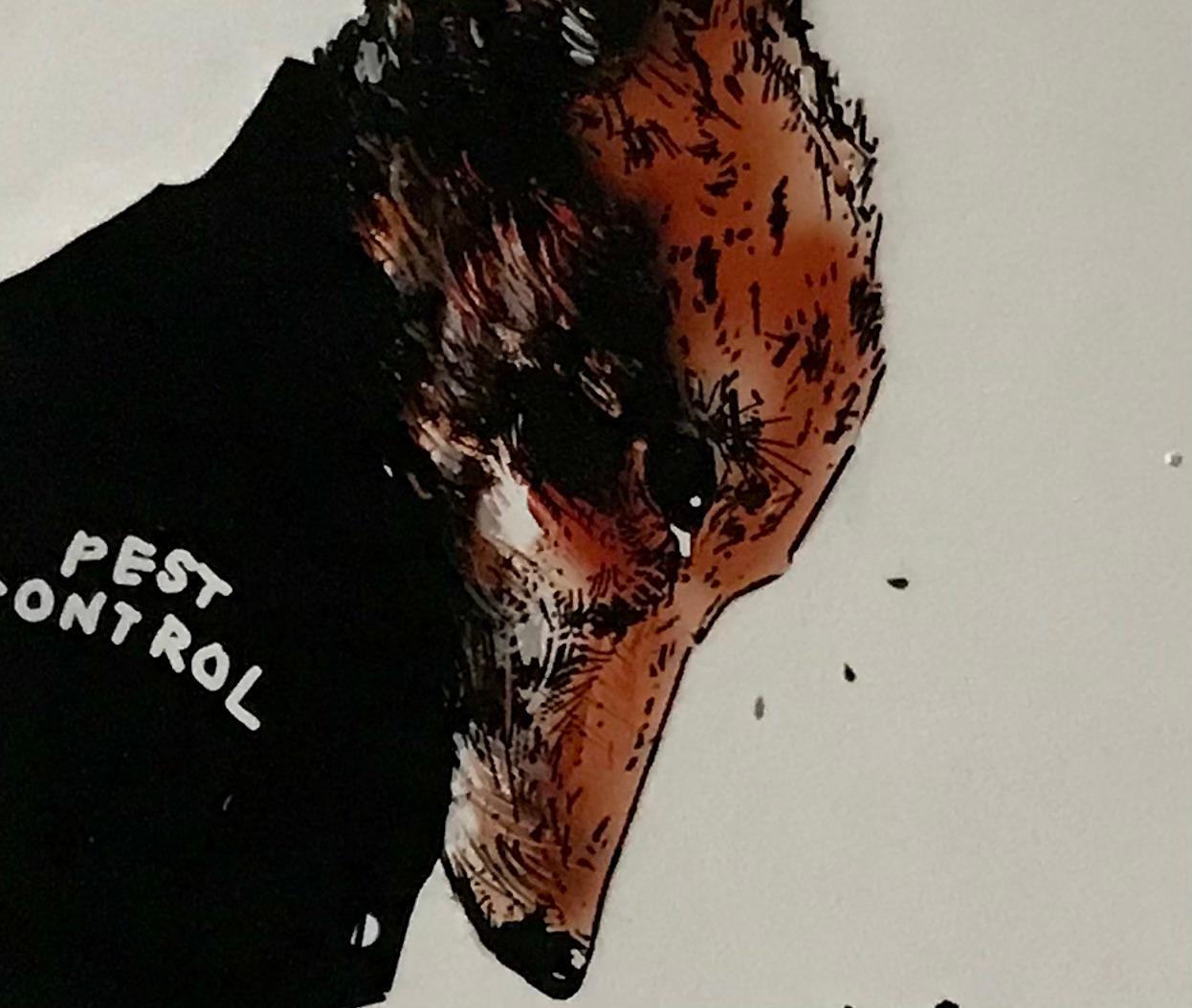 Pest control de Harry Bunce, se compose de tons noirs et bruns qui montrent un renard tenant un fusil sur un rat avec des coups de feu sur la feuille, en arrière-plan.

Informations complémentaires :

Taille de l'image : 
Hauteur : 39,5 cm (15,55