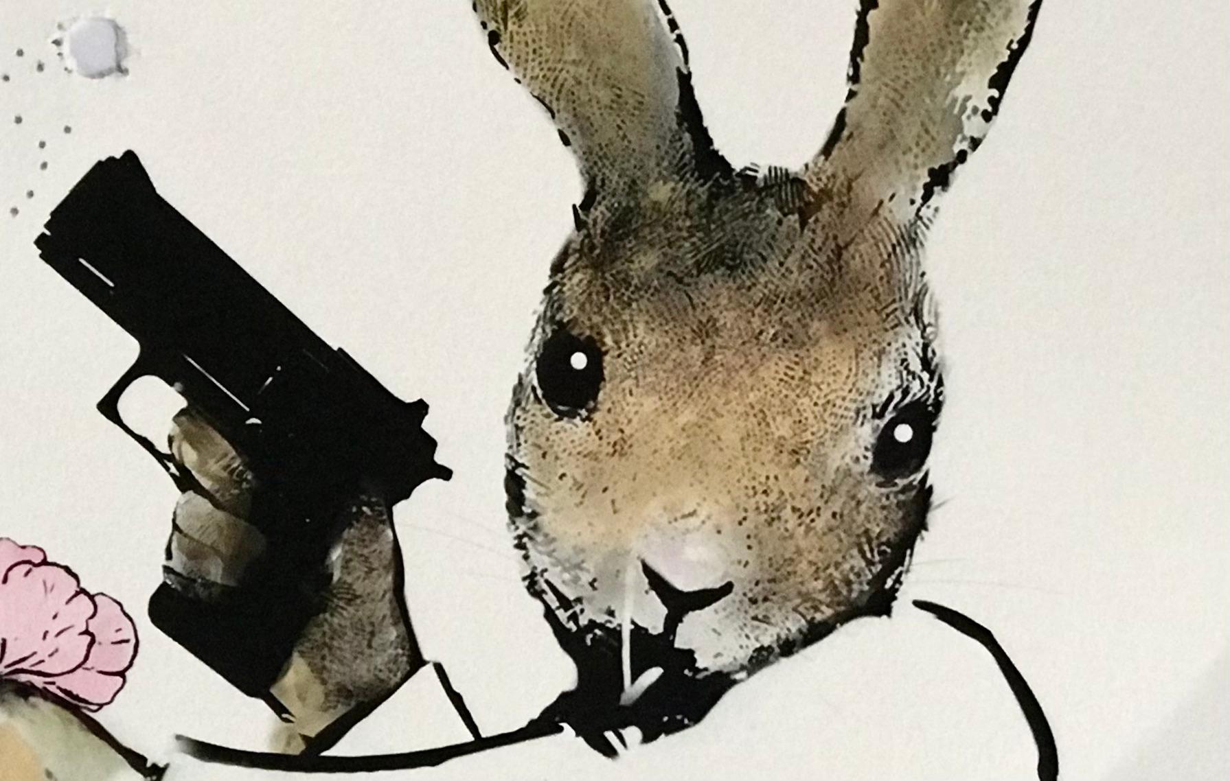 Rural Resistance Series - Home Guard by Harry bunce consists of pink and brown tones that display a bunny holding a gun and a flower with gunshots on thr sheet.

Additional information:
Mixed media (archival print with 12 bore shotgun traces) on