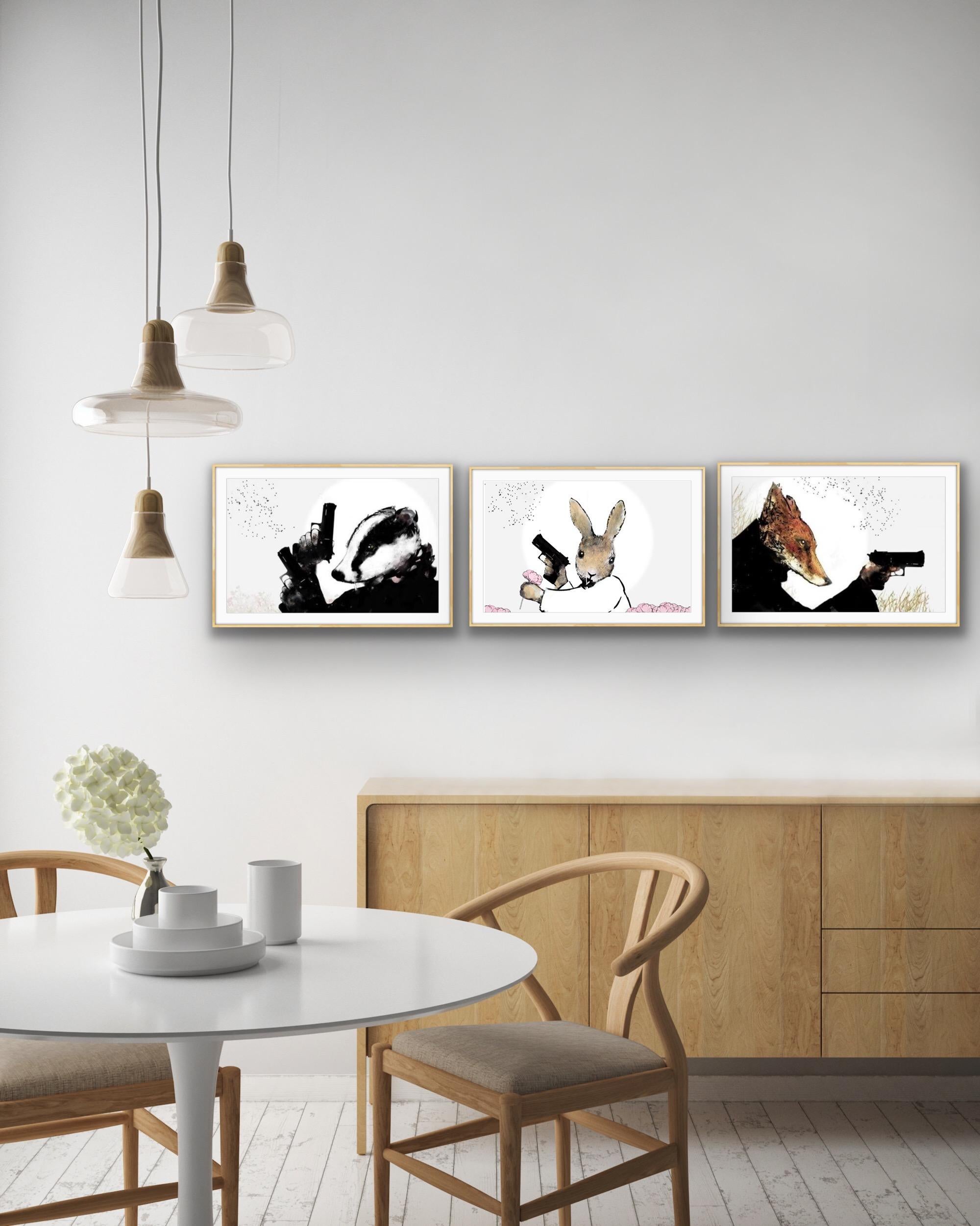 Triptych of Rural Resistance Series, Animal print, Bunny, Abstract print - Gray Animal Print by Harry Bunce