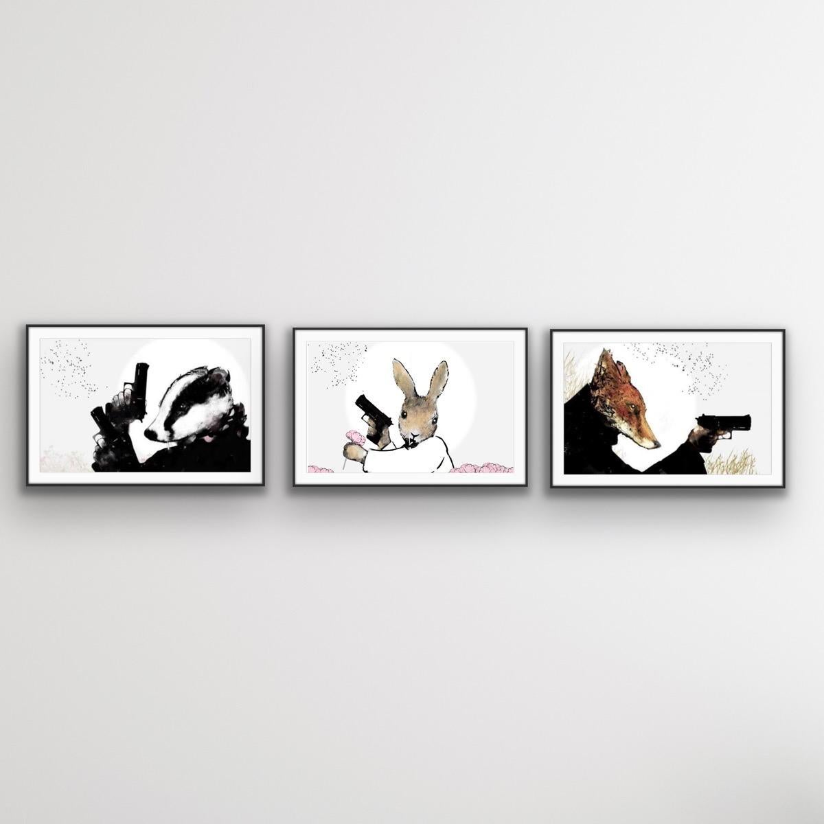 Triptychon der Serie Rural Resistance, Tierdruck, Bunny, Abstrakter Druck