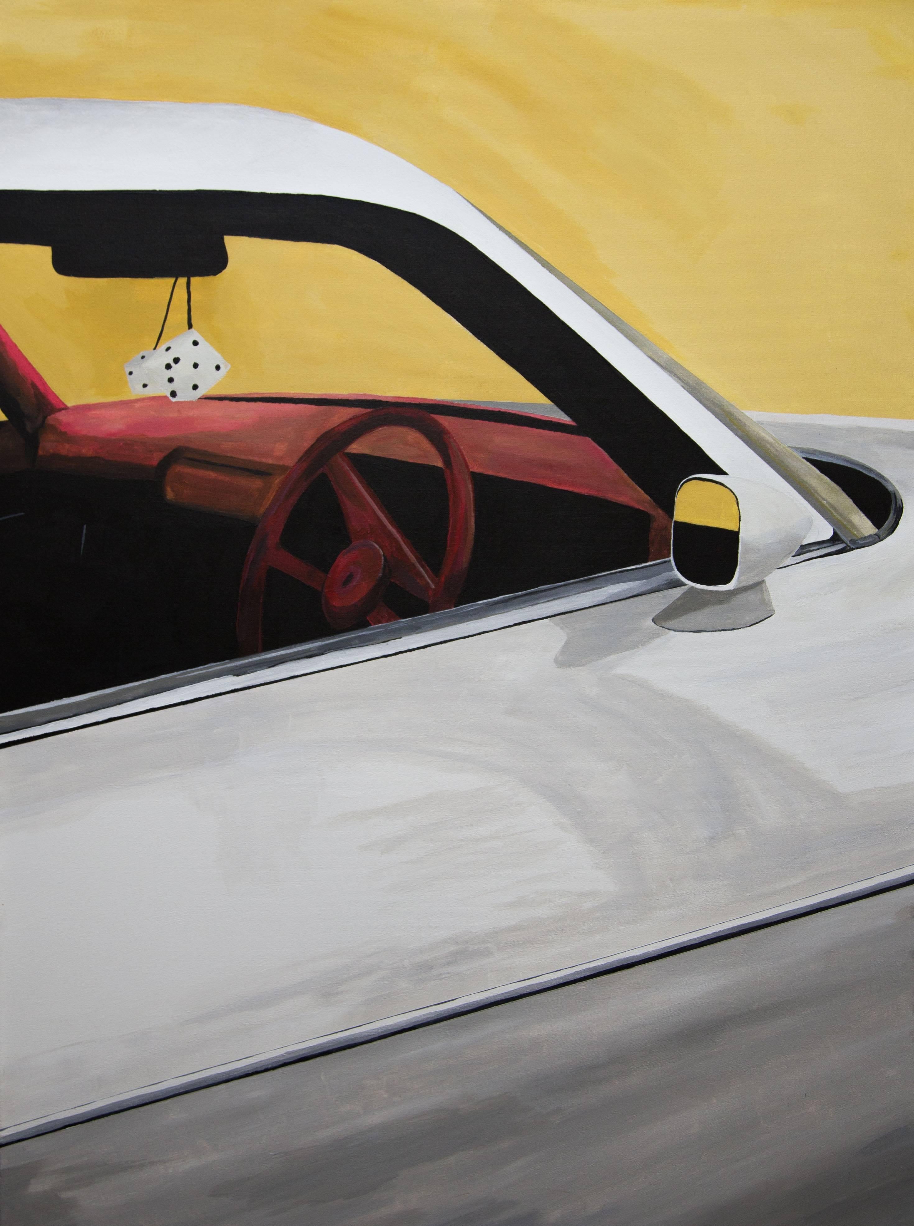 Camaro on Fairfax, Acrylic on Canvas, Car, berry red velvet dashboard and wheel. - Mixed Media Art by Harry Cartwright
