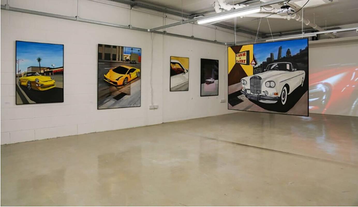 Lamborghini in Downtown Hollywood, Original, Acrylic Paint, Photograph, Signed - Contemporary Mixed Media Art by Harry Cartwright