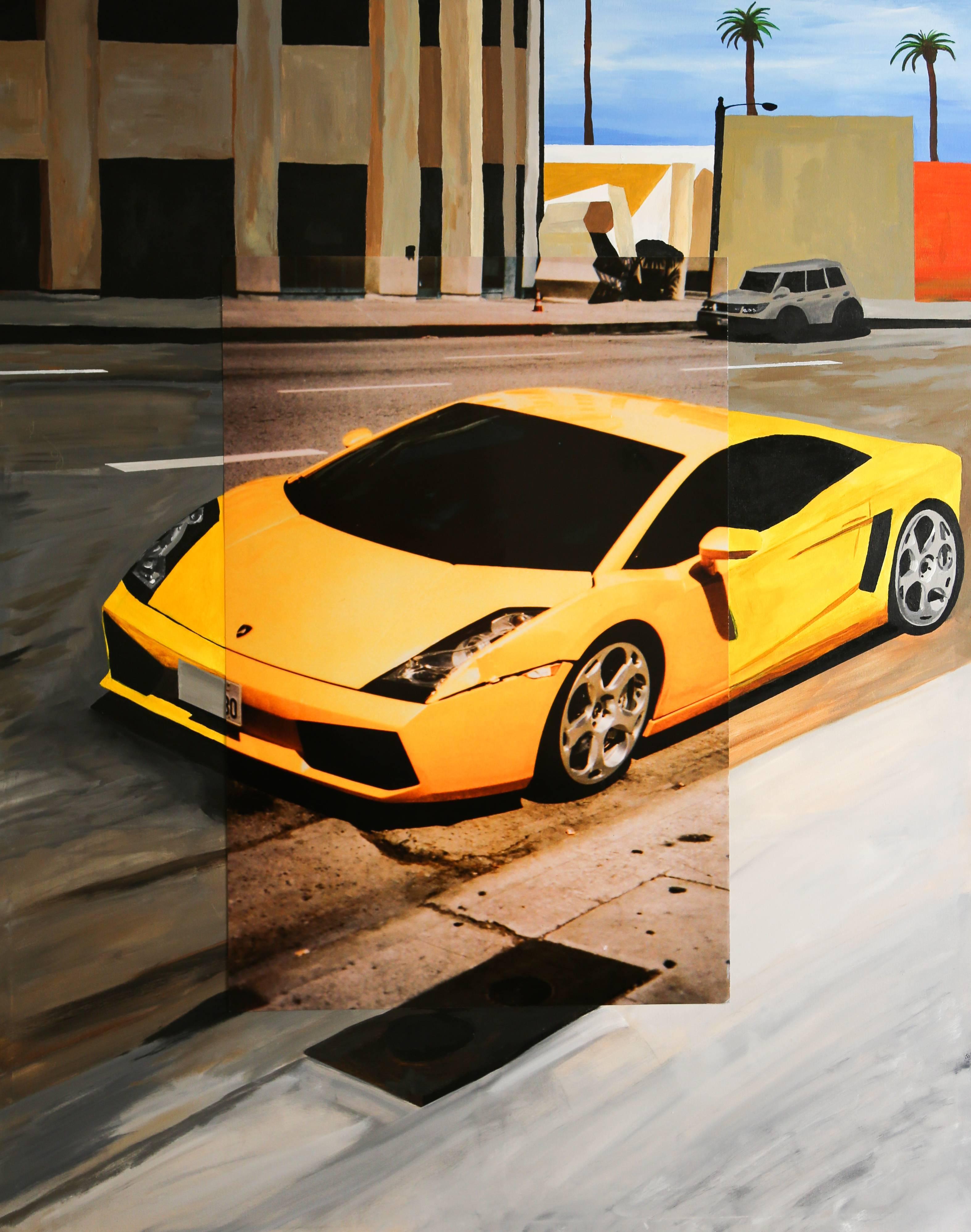 Lamborghini in Downtown Hollywood, Original, Acrylic Paint, Photograph, Signed - Mixed Media Art by Harry Cartwright
