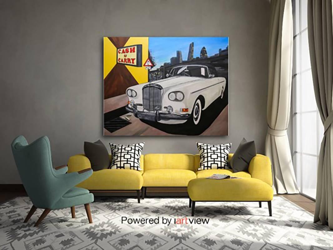 White Bentley Rolling Deep Through the East End, Laughing Gas Original, Signed - Contemporary Mixed Media Art by Harry Cartwright