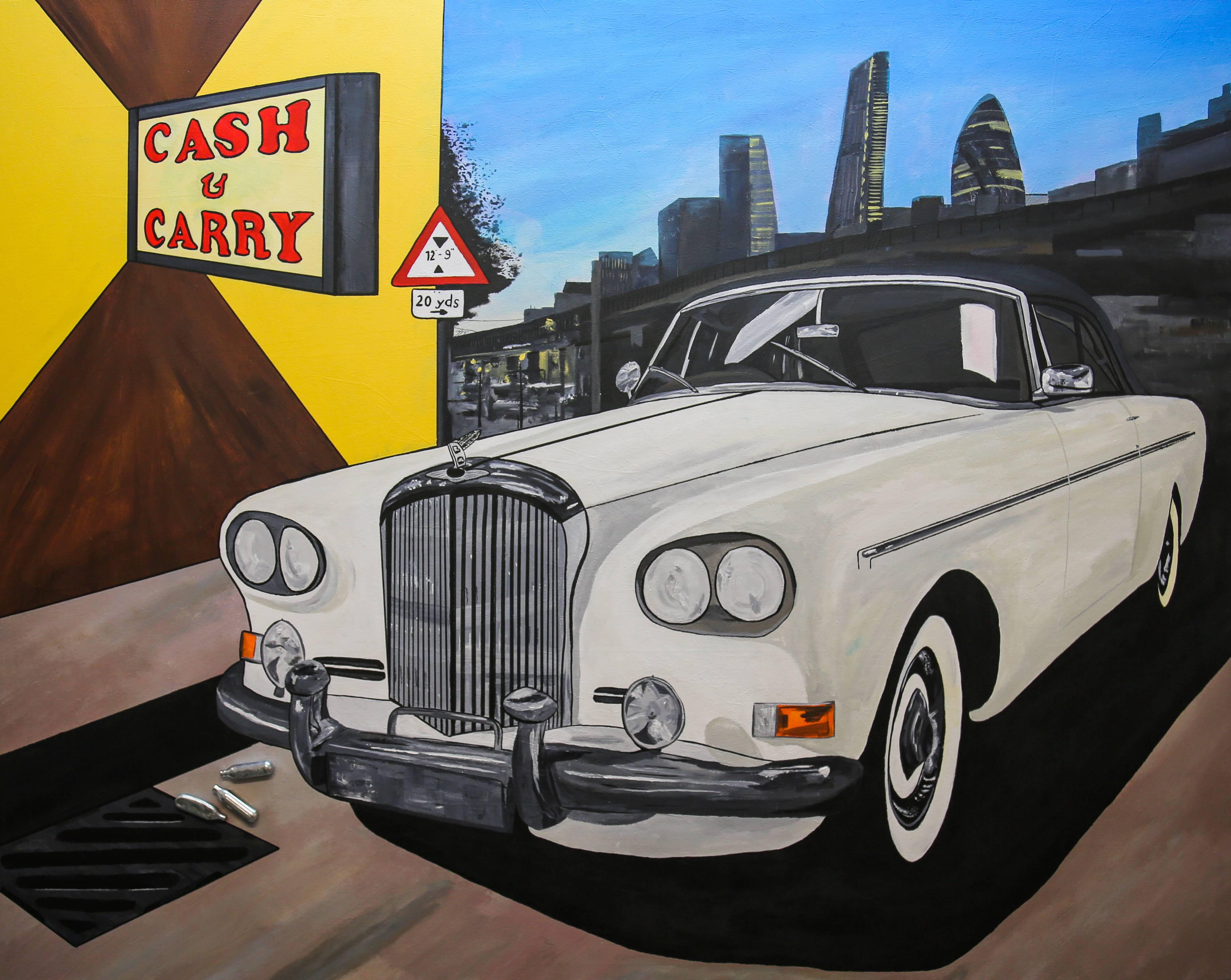 White Bentley Rolling Deep Through the East End, Laughing Gas Original, Signed - Mixed Media Art by Harry Cartwright