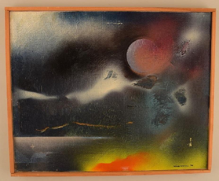 Harry Ceson (1926-1978), schwedischer Künstler. Öl und Firnis auf Leinwand. 
Abstrakte Zusammensetzung. Datiert 1973-74.
Die Leinwand misst: 41 x 33 cm.
Der Rahmen misst: 0,5 cm.
In ausgezeichnetem Zustand.
Unterzeichnet und datiert.
