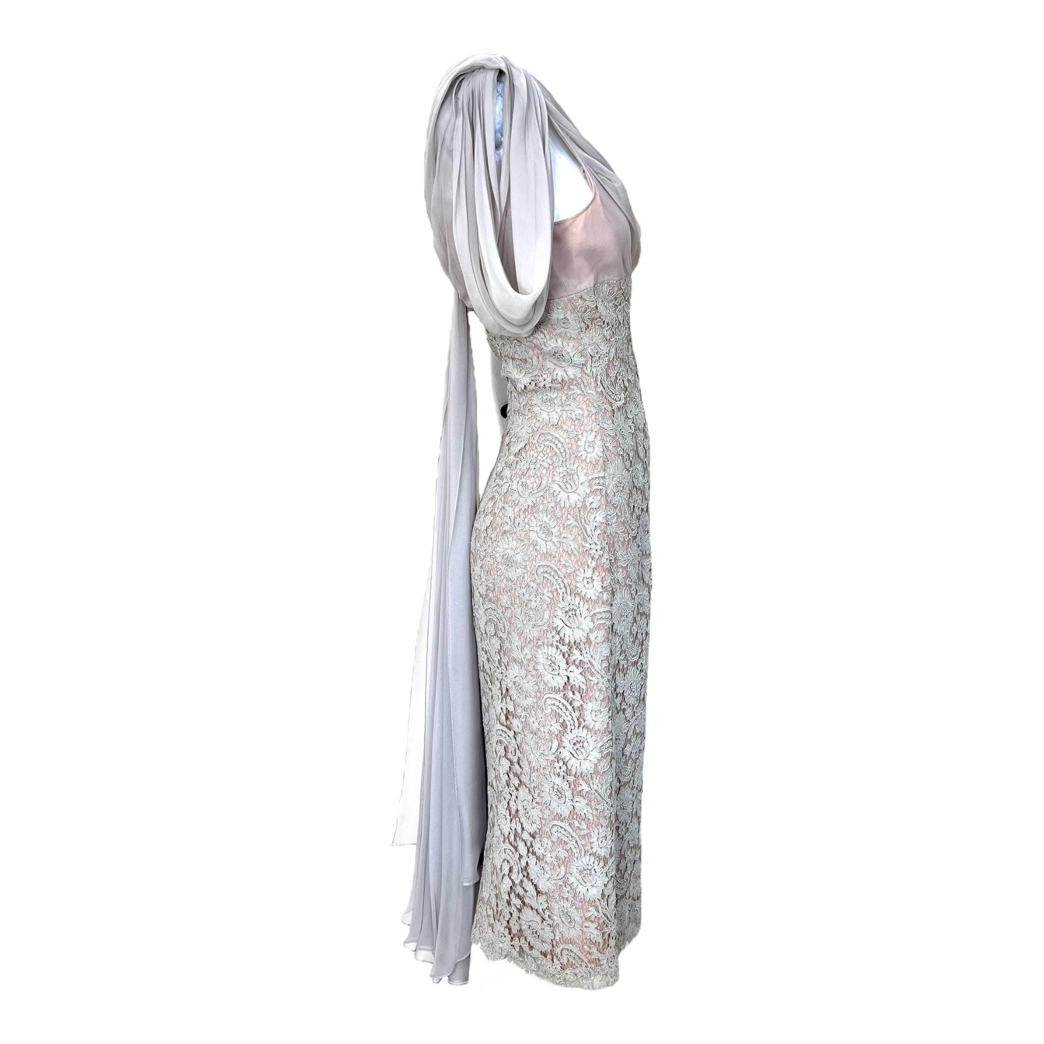 Gray Harry Cooper Blush Draped Chiffon Dress with Lace Bodice, 1960s For Sale