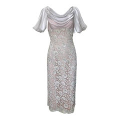 Harry Cooper Blush Draped Chiffon Dress with Lace Bodice, 1960s