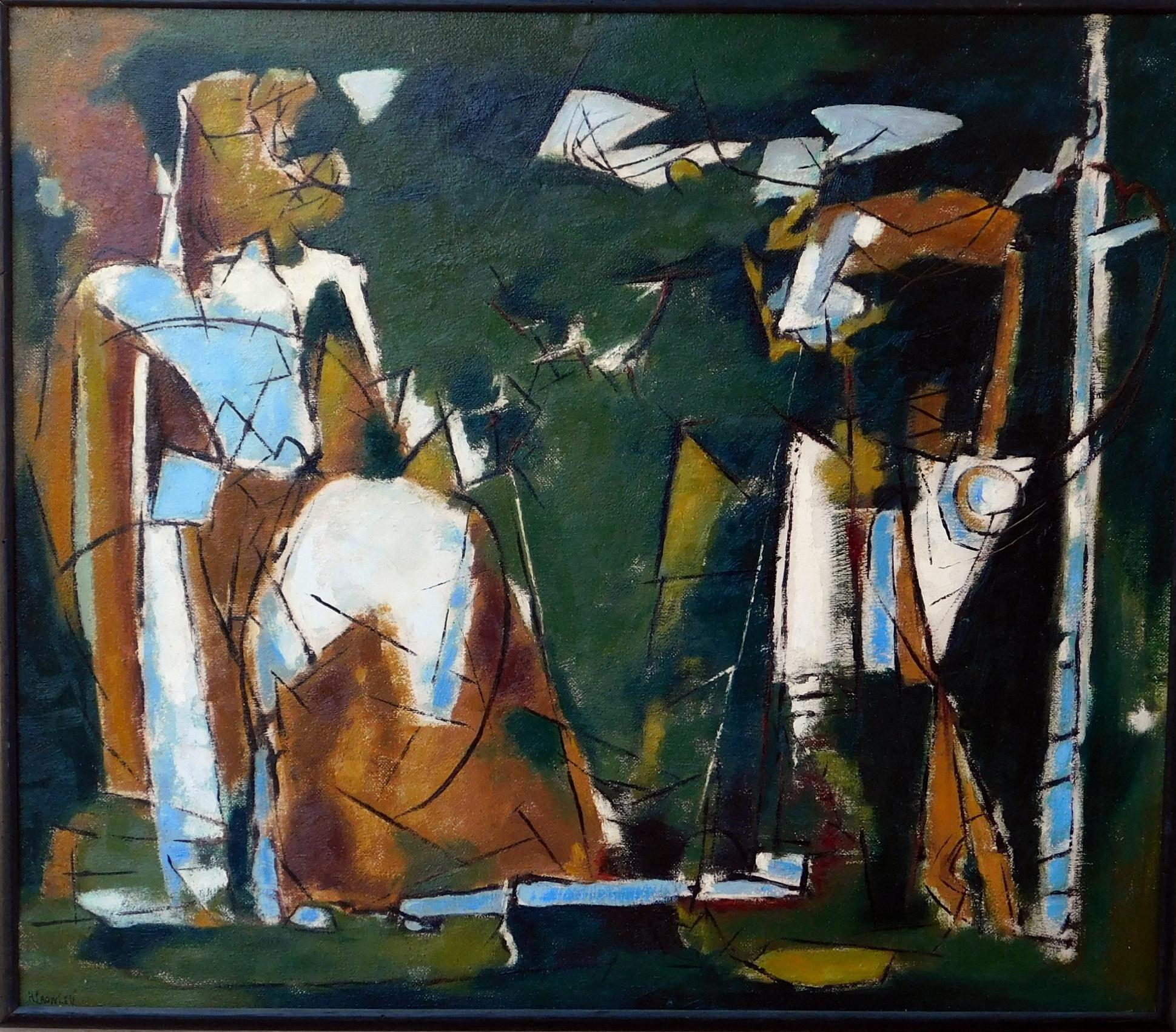 Harry Crowley (1898-1979) oil on board, 1954. Abstract Expressionist. Titled on the verso “Slow Solitude.” 
Measures: 33 x 38. Frame: 42 x 47. In excellent condition and in the original frame.
Beautiful abstract design in greens, browns and blues.