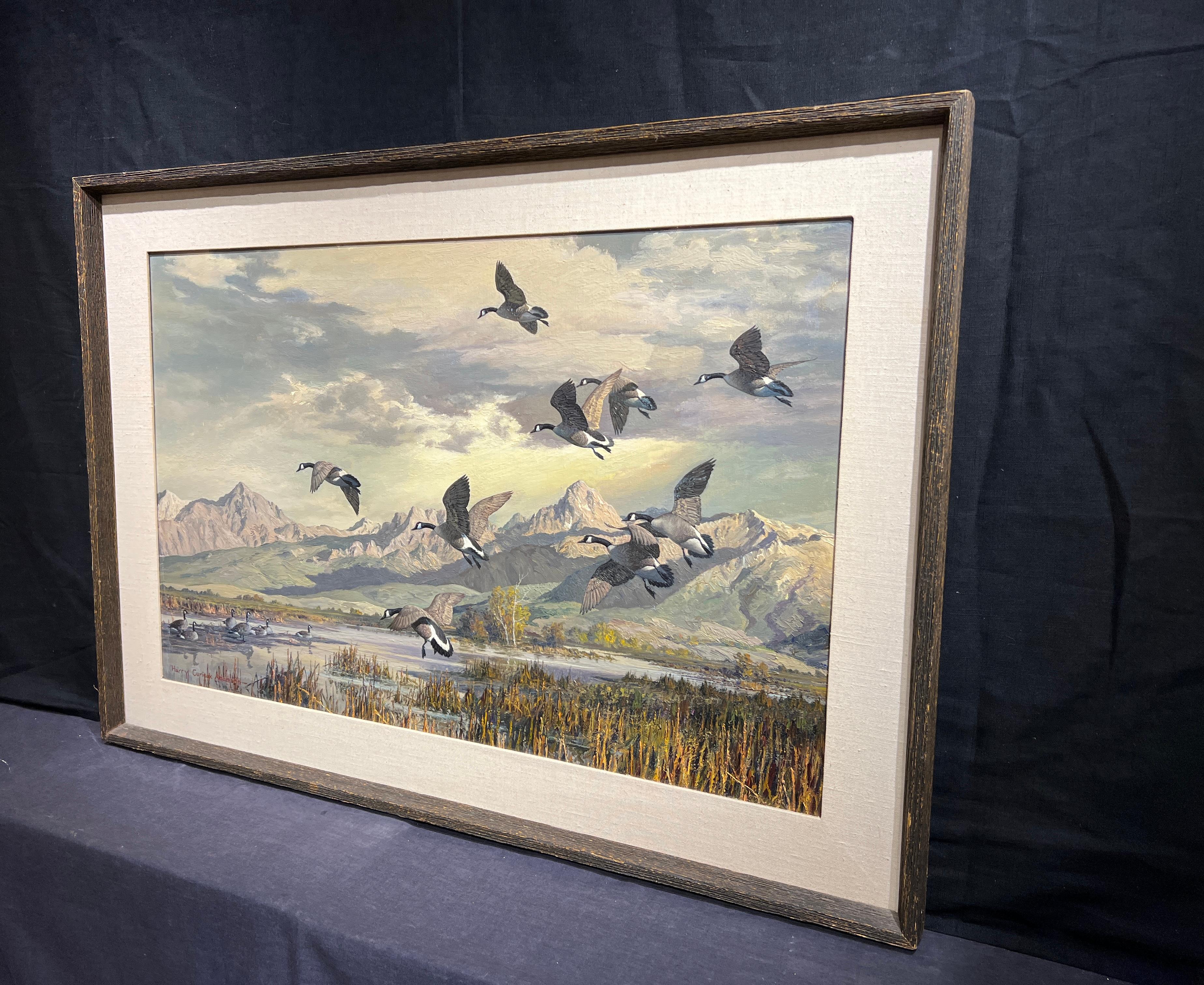 Geese and Mountains (Cloud Canyon/Autumn Enchantment) - Gray Animal Painting by Harry Curieux Adamson