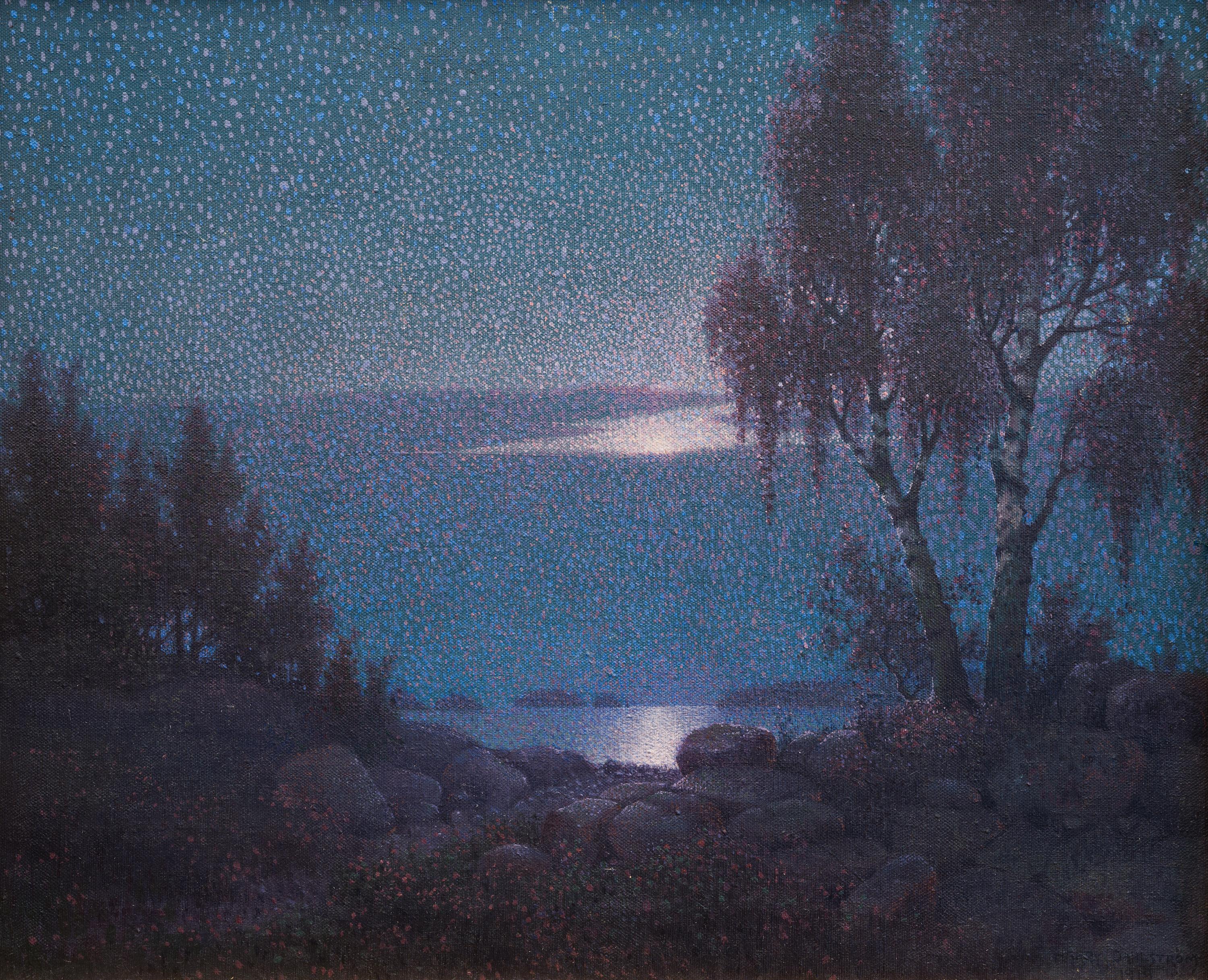 Lake View in Moonlight, Oil on Canvas Pointillist Painting from 1919