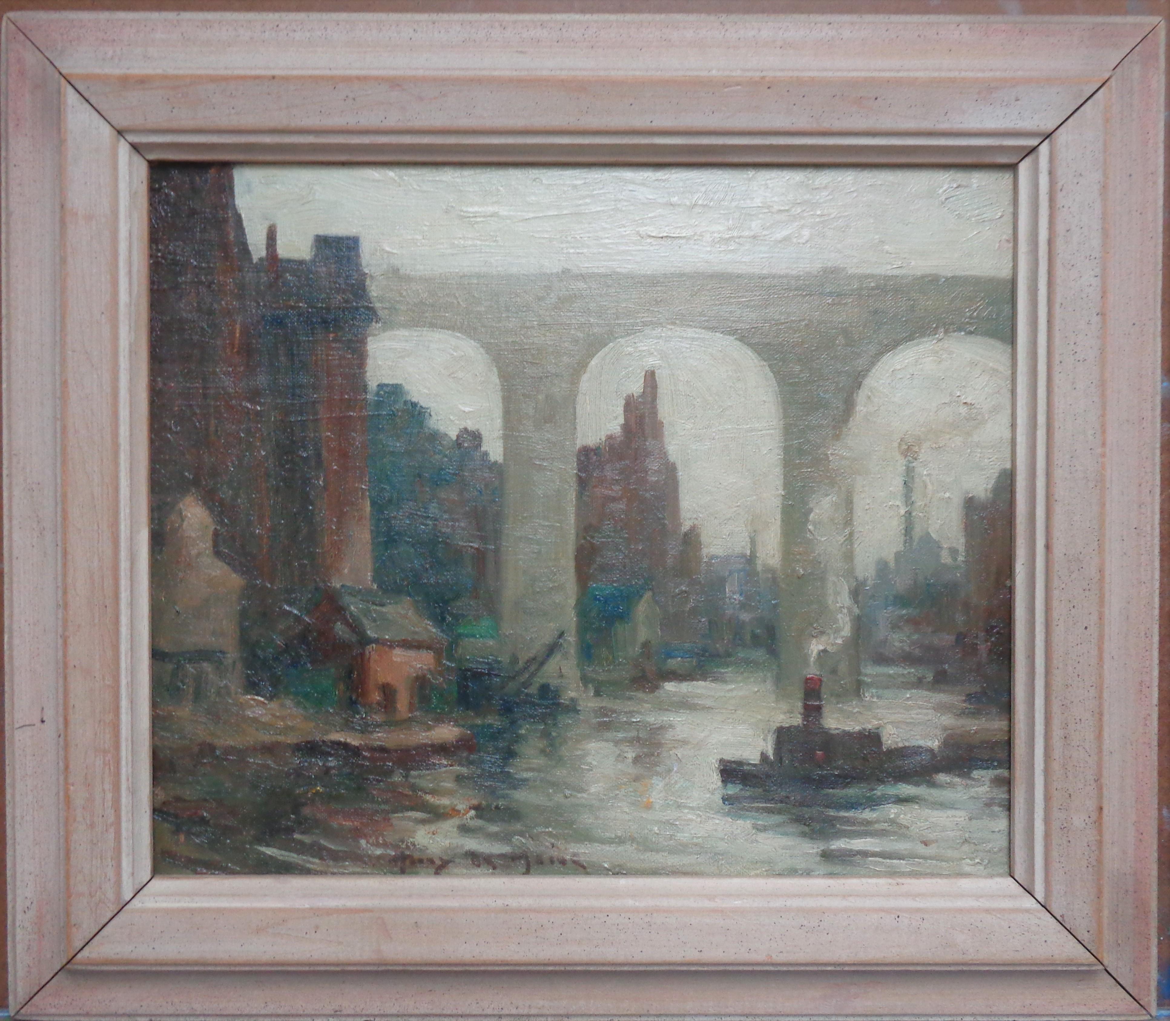 The High Bridge huile sur panneau de Harry DeMaine. Image  est de 12 x 14 et de 13,5 x 15,75 encadrée. étiquette partielle de Salmagundi au verso.
Harry DeMaine est né à Liverpool, en Angleterre. Il a suivi sa première formation artistique à la
