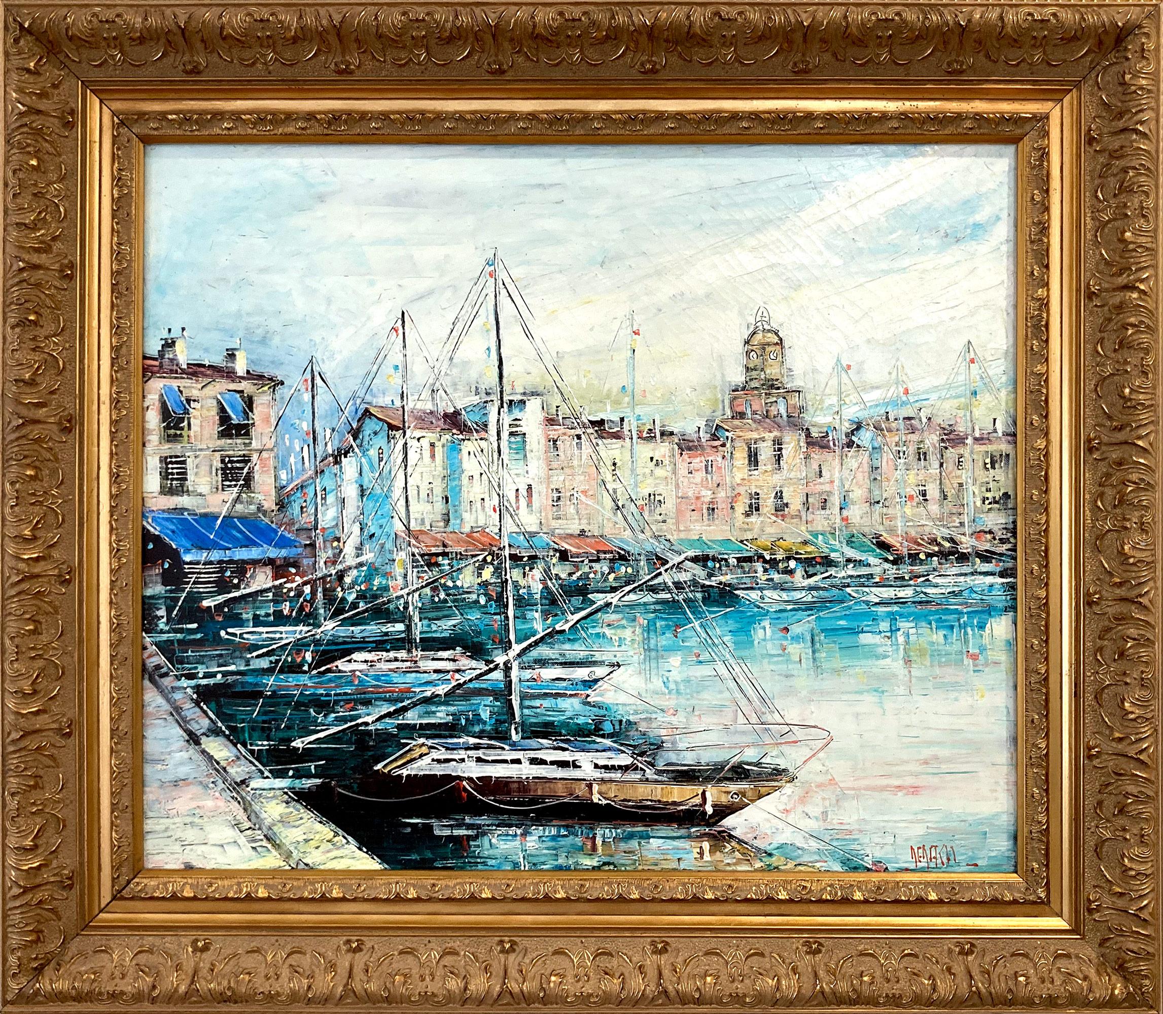 "Le Port de Saint-Tropez" Hafenszene Impressionist Ölgemälde auf Leinwand