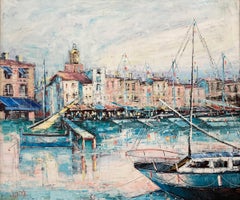 "Saint-Tropez Port" Harbor Scene Impressionist Oil Painting on Canvas