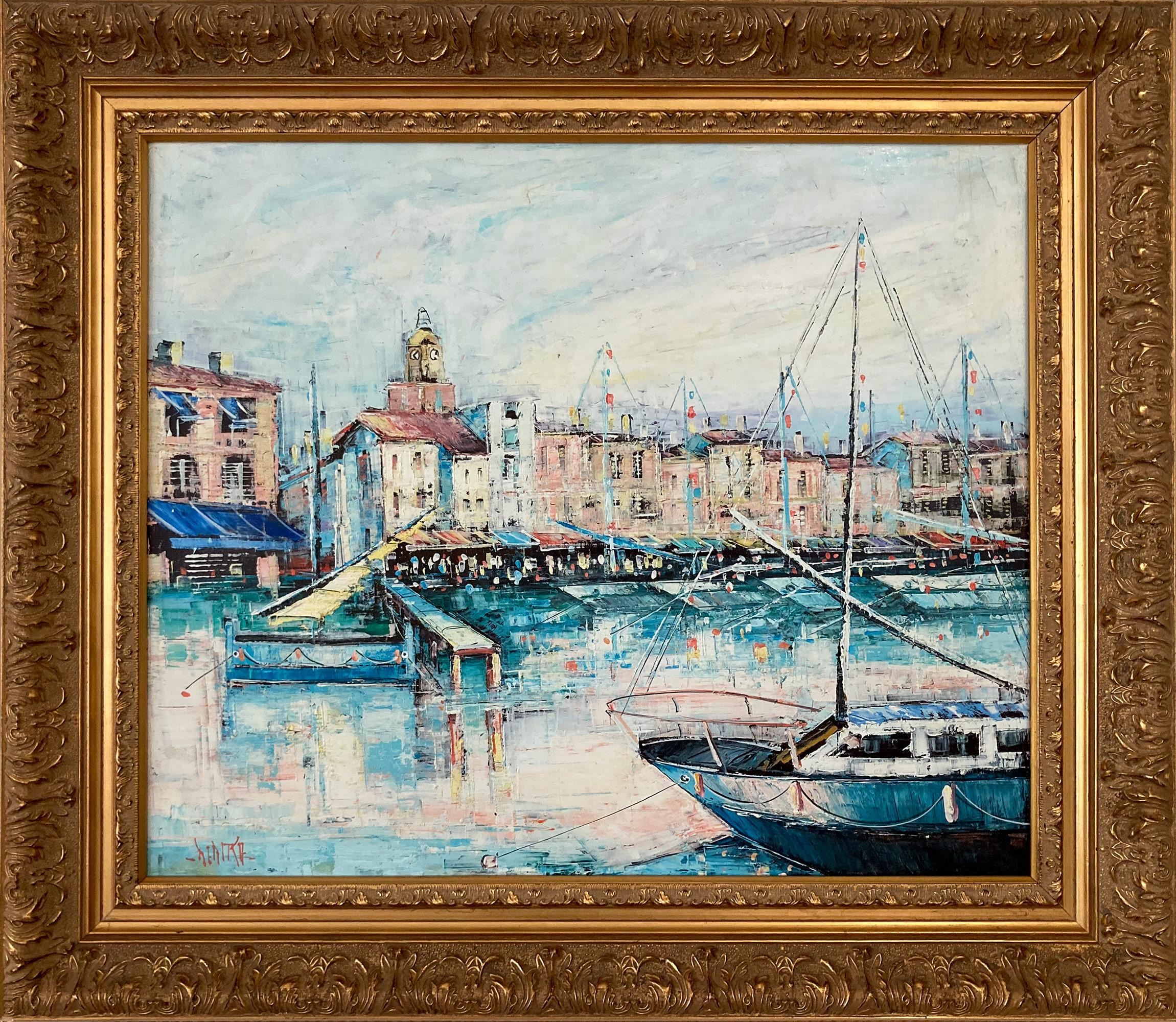 Harry Deditch Dansky Landscape Painting – "Hafen von Saint-Tropez" Hafenszene Impressionist Ölgemälde auf Leinwand