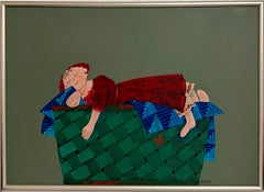 Whimsical Harry Dunn Painting Sleeping Girl Mid Century Americana Folk Art