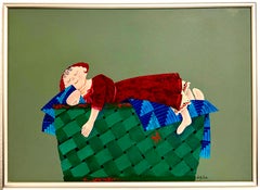 Whimsical Harry Dunn Painting Sleeping Girl Mid Century Americana Folk Art