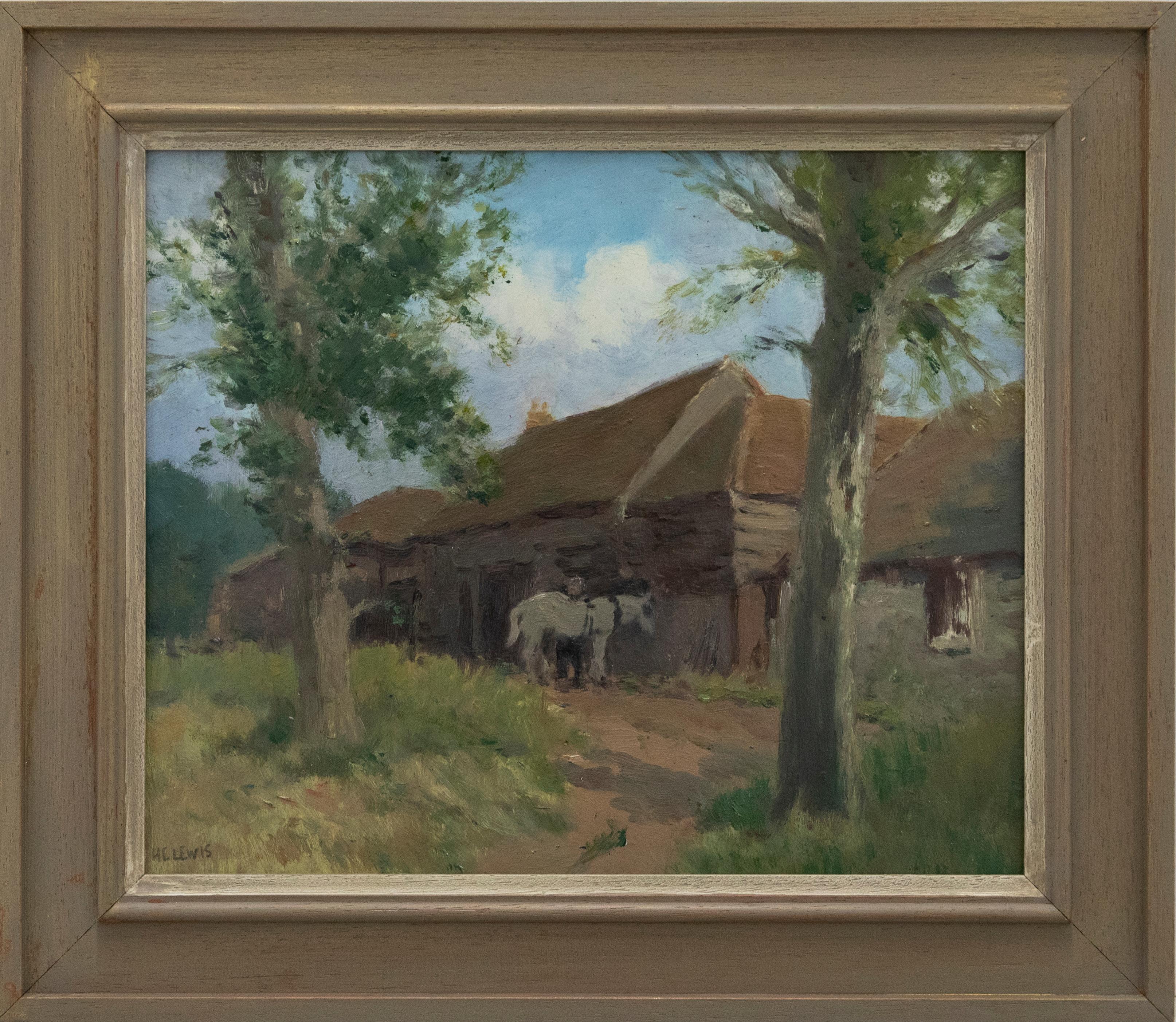 A naive landscape painting by the artist Harry Emerson Lewis (1892-1958), depicting a farmer removing tack from his hardworking grey. Two tall trees frame the pair as they stand in front several long timber barns. The painting has been signed by the