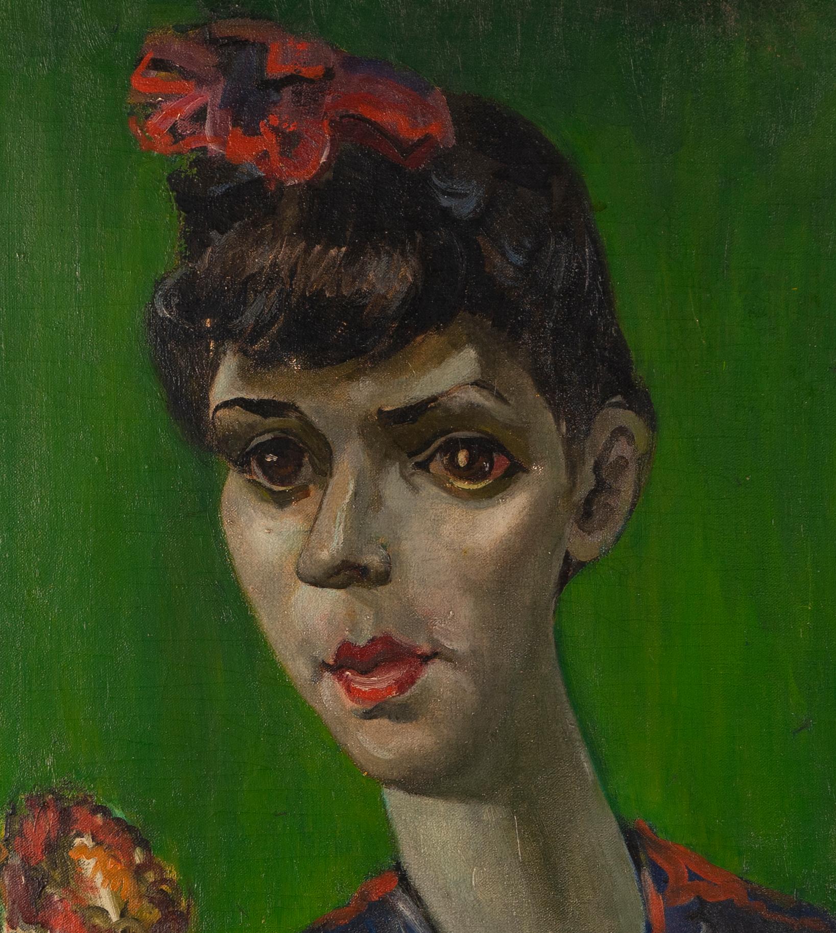 Antique American Modernist Portrait Young Smoking Woman Portrait Oil Painting - Black Portrait Painting by Harry Engel