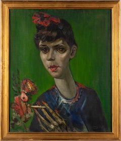 Antique American Modernist Portrait Young Smoking Woman Portrait Oil Painting