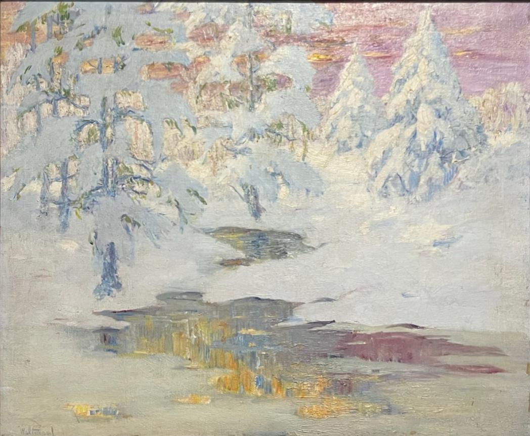 American Winter Landscape with Sun Glow. 'Lights and Shadows of Evening'.  - Brown Still-Life Painting by Harry F. Waltman