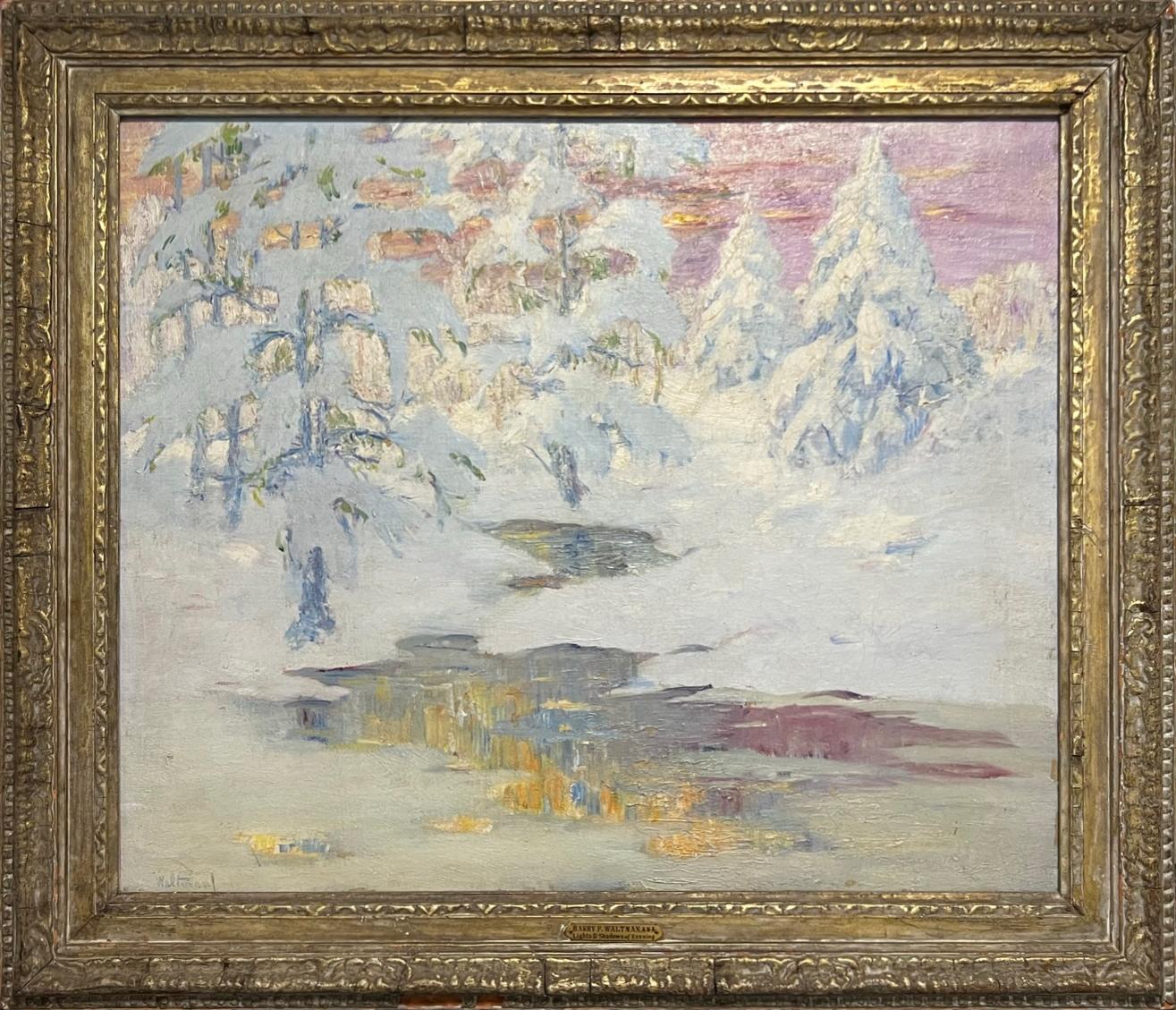 Still-Life Painting Harry F. Waltman - Paysage d'hiver américain avec lueur du soleil. Lights and Shadows of Evening" (Lumières et ombres du soir). 