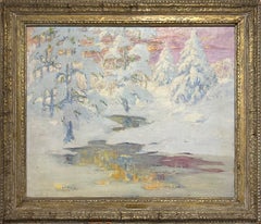 Vintage American Winter Landscape with Sun Glow. 'Lights and Shadows of Evening'. 