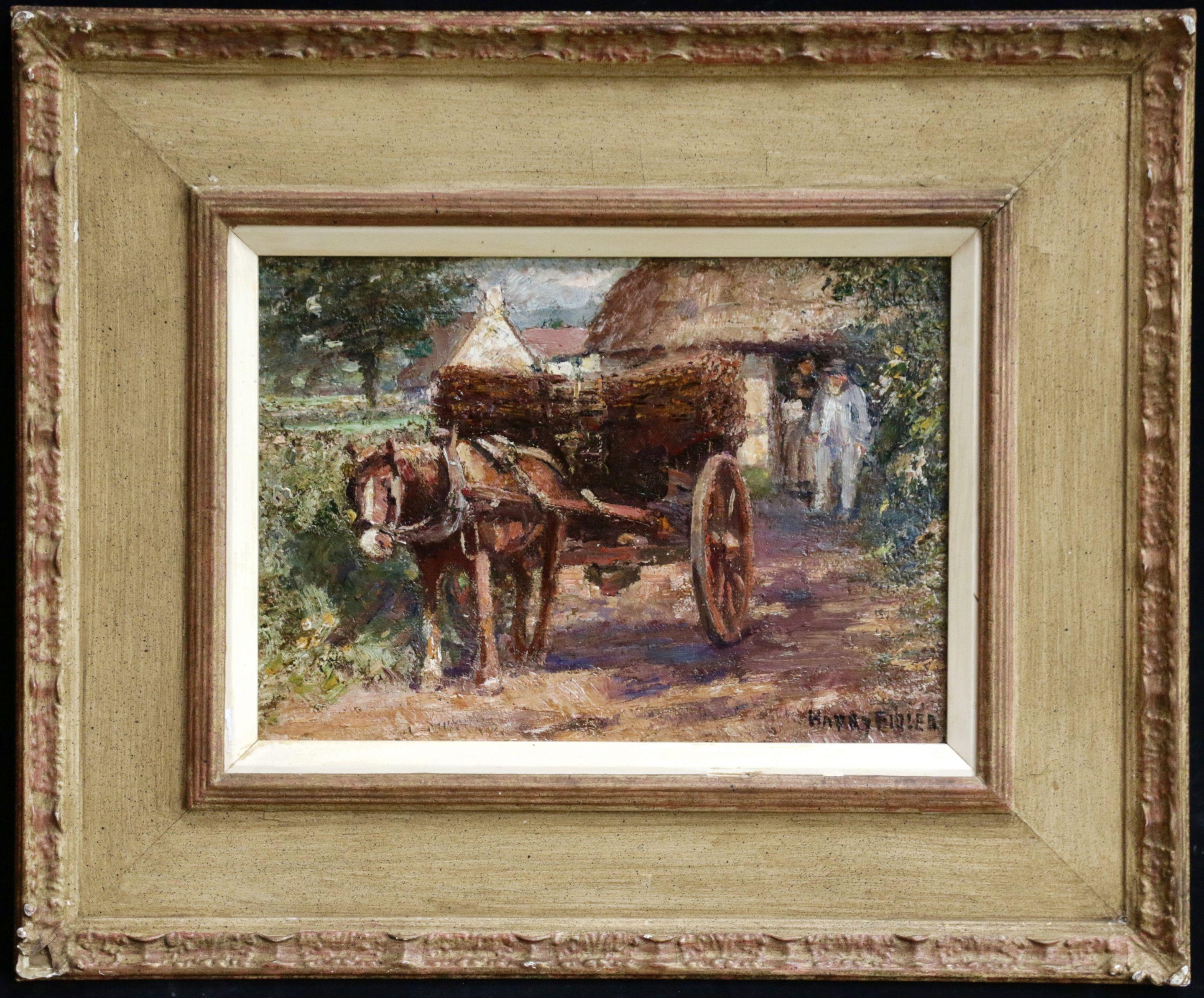 Carrying Hurdles - 19th Century Oil, Horse & Cart by Cottages by Harry Fidler 1