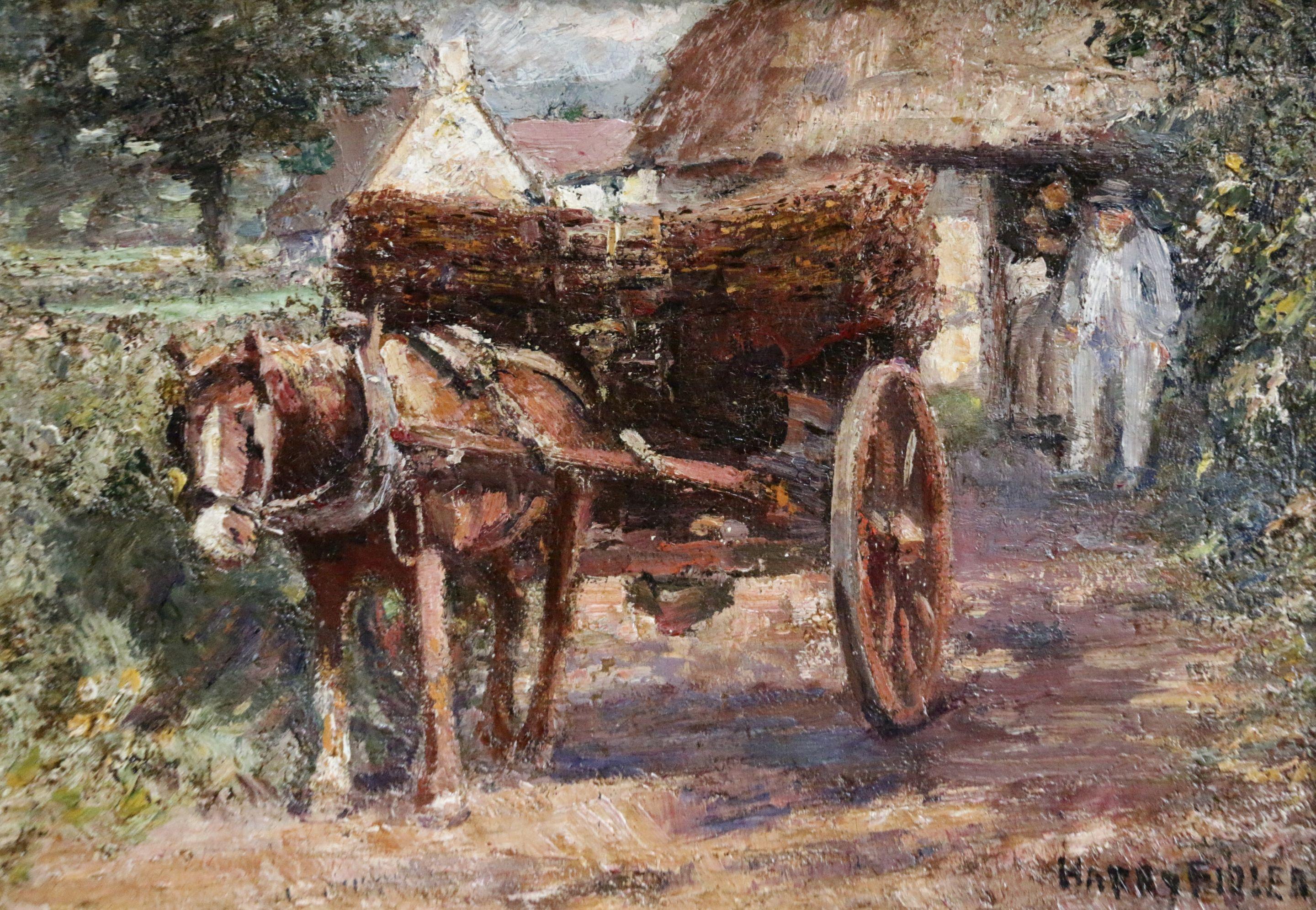 Oil on panel, circa 1900. Signed lower right. Framed dimensions are 18 inches high by 22 inches wide.

Born at Teffont in Wiltshire in 1856, Harry Fidler was a painter of genre and country scenes in oil.

Fidler painted in a highly distinctive