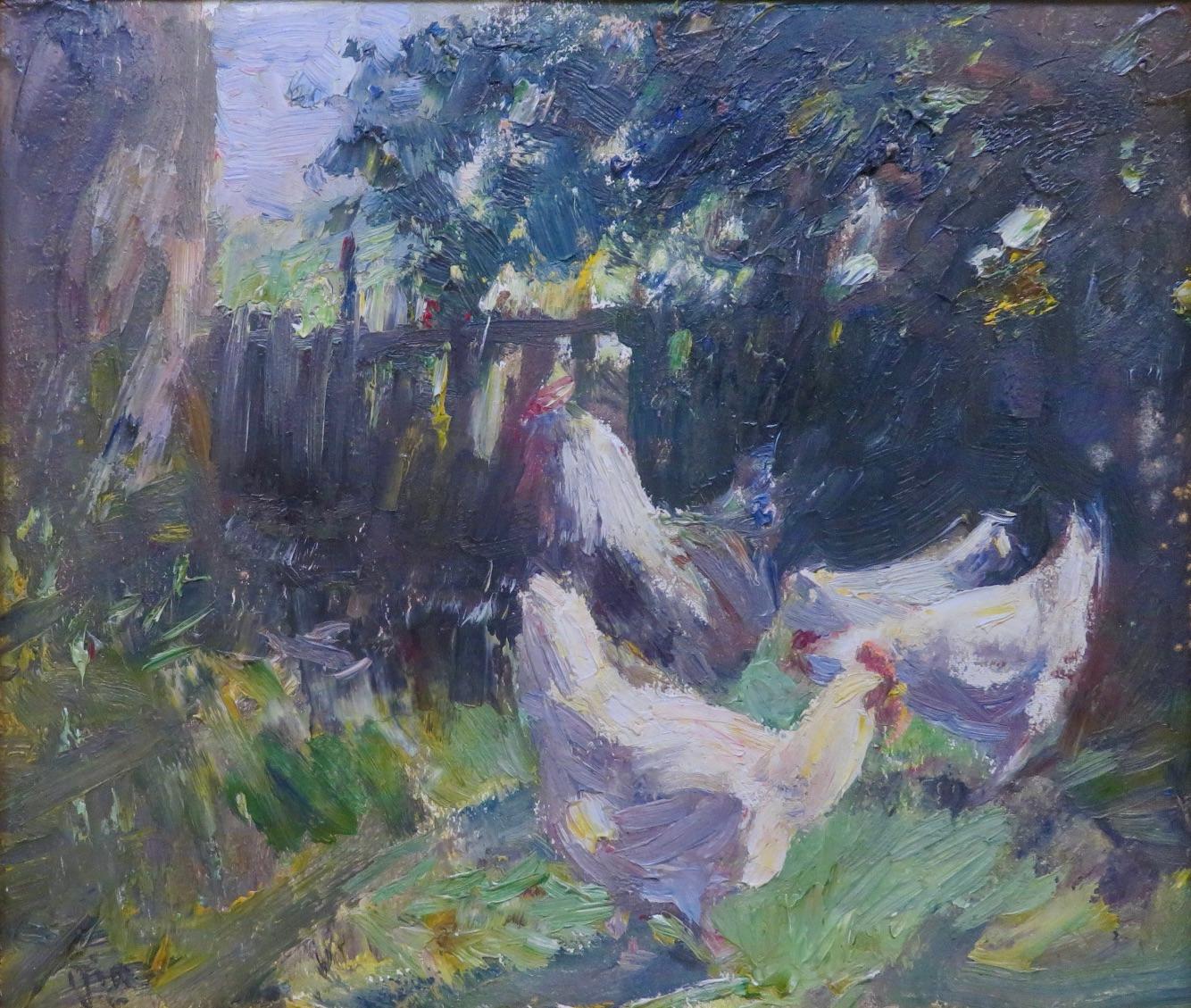 Original Fine English Impressionist Antique oil painting CHICKENS IN A GARDEN - Painting de Harry Fidler